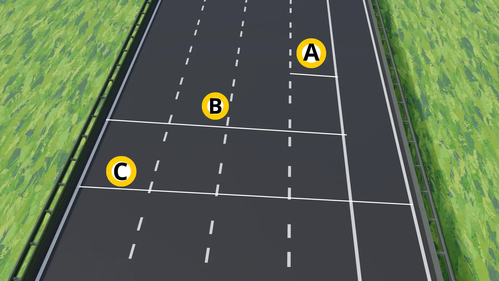 Snelweg met de rijstroken aangeduid als A, de rijbaan als B en de hele weg inclusief vluchtstrook als C