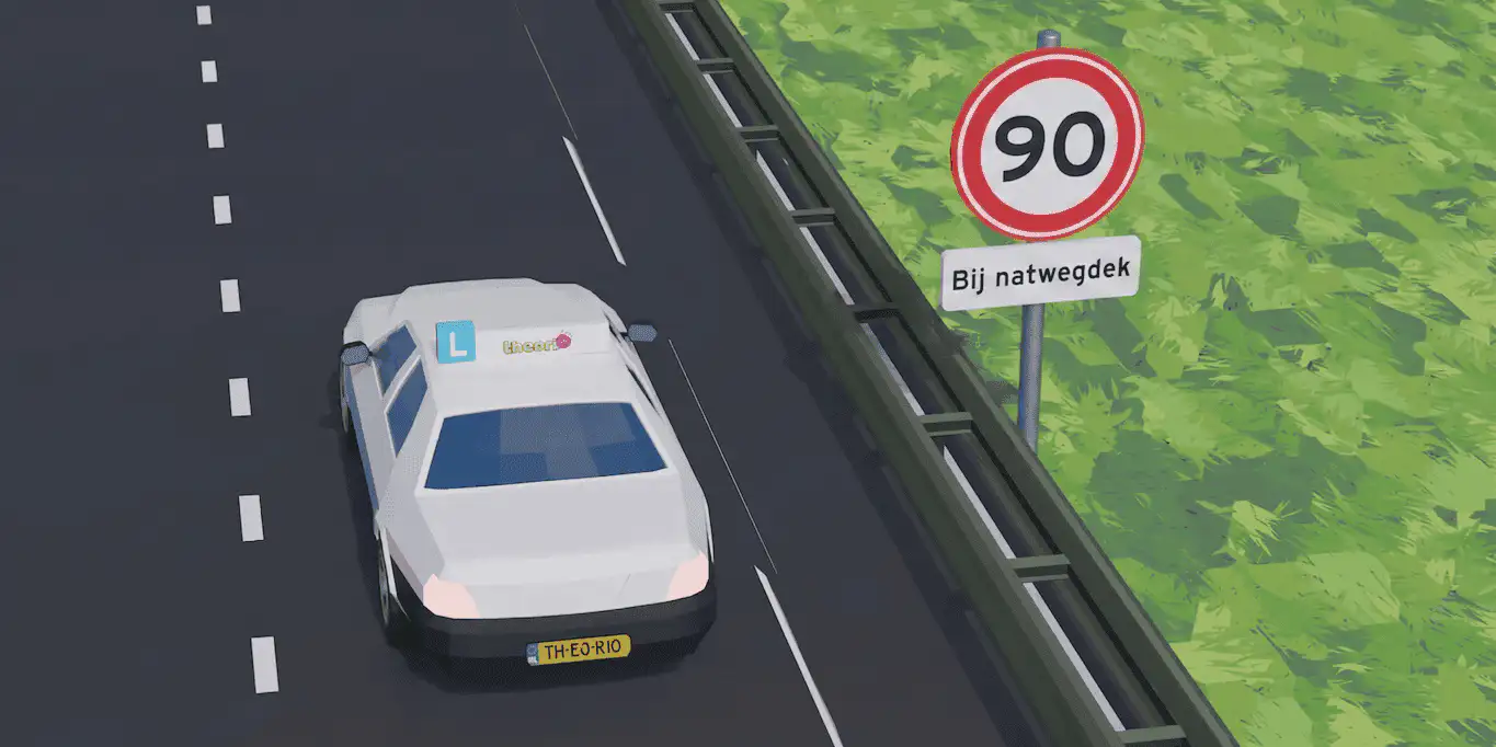 voorbeeld CBR vraag met onderbord met snelheidsbeperking van 90 km/u en een onderbord bij natwegdek