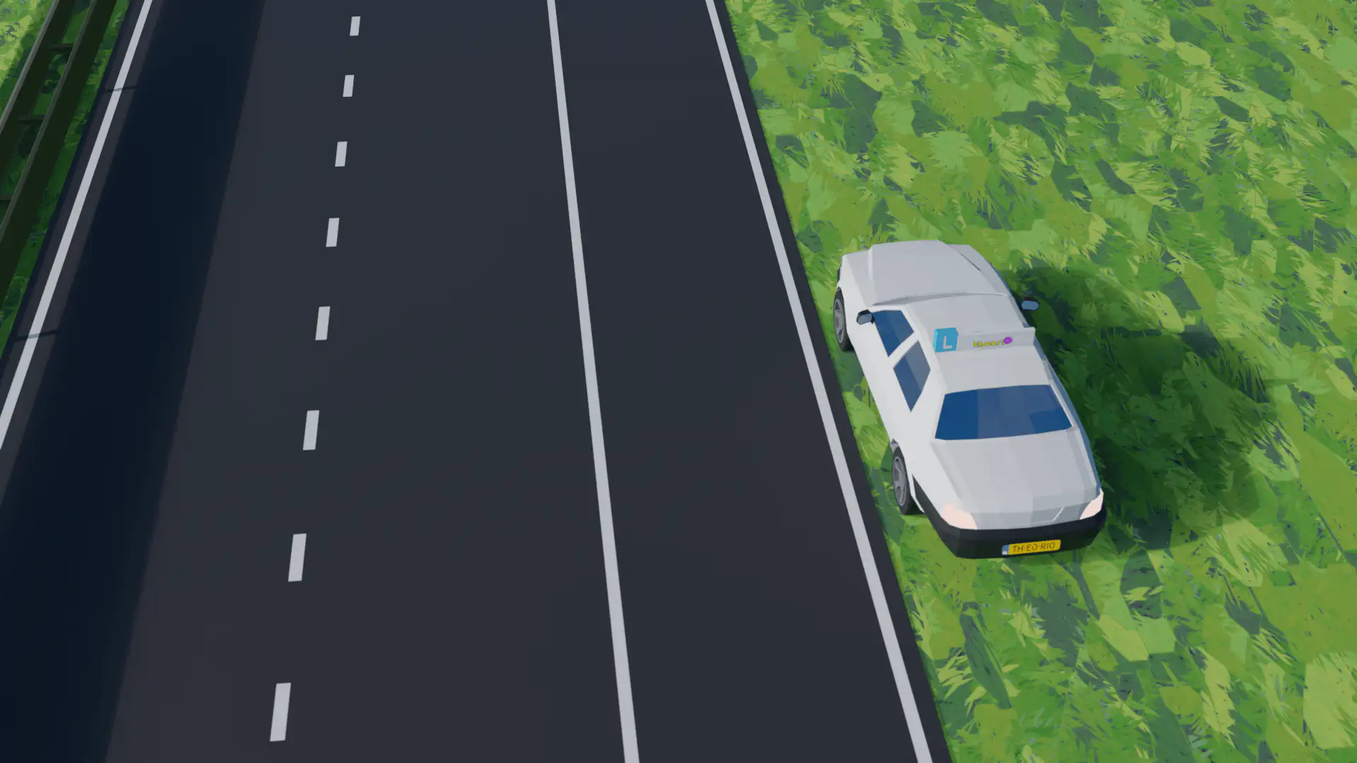 Twee auto's van bovenaf: bij normaal stilstaan staan de wielen recht vooruit, bij pech naar de berm gedraaid