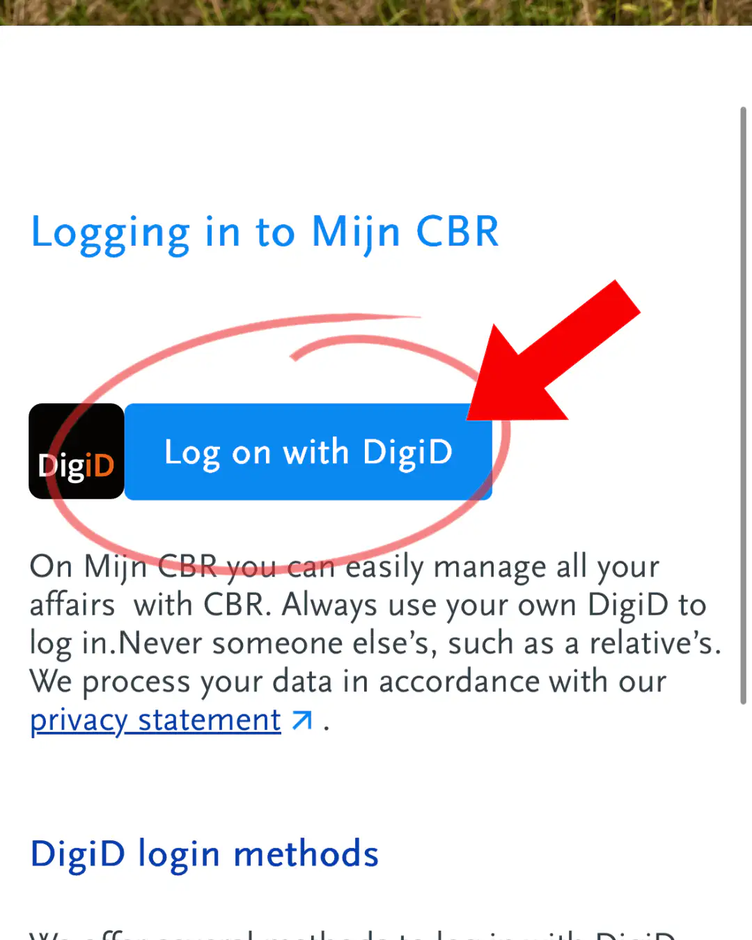 Mijn CBR login page with the DigiD login button