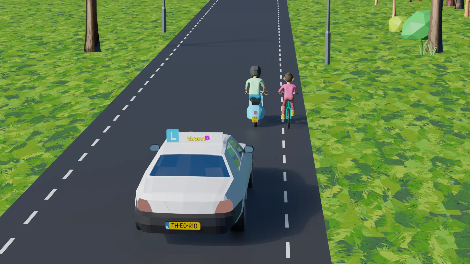 Scooter die een fietser inhaalt op een smalle weg, met een auto die erachter wacht