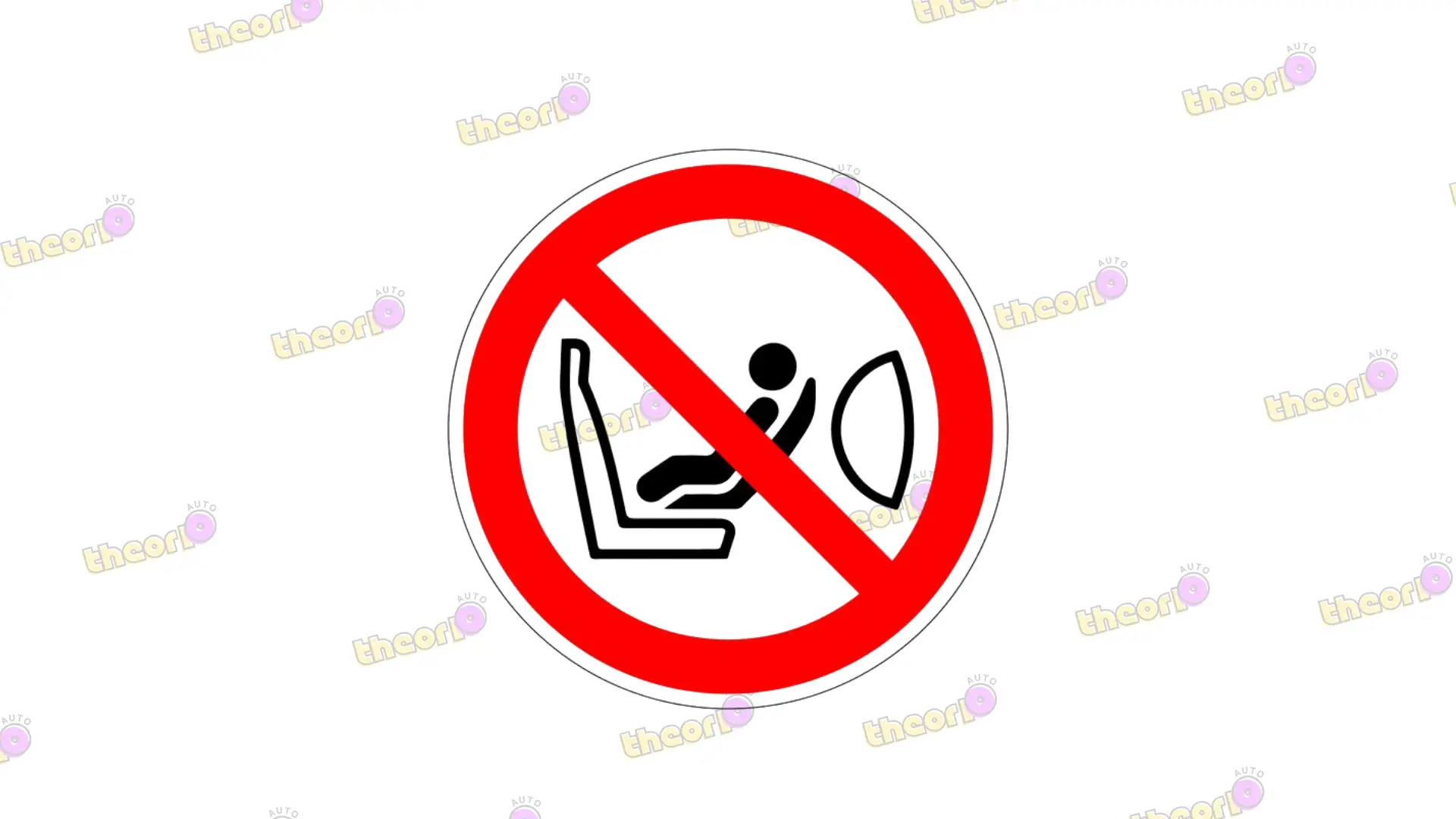 Ronde rode waarschuwingssticker met het woord AIRBAG en een doorgestreept naar achteren gericht kinderzitje