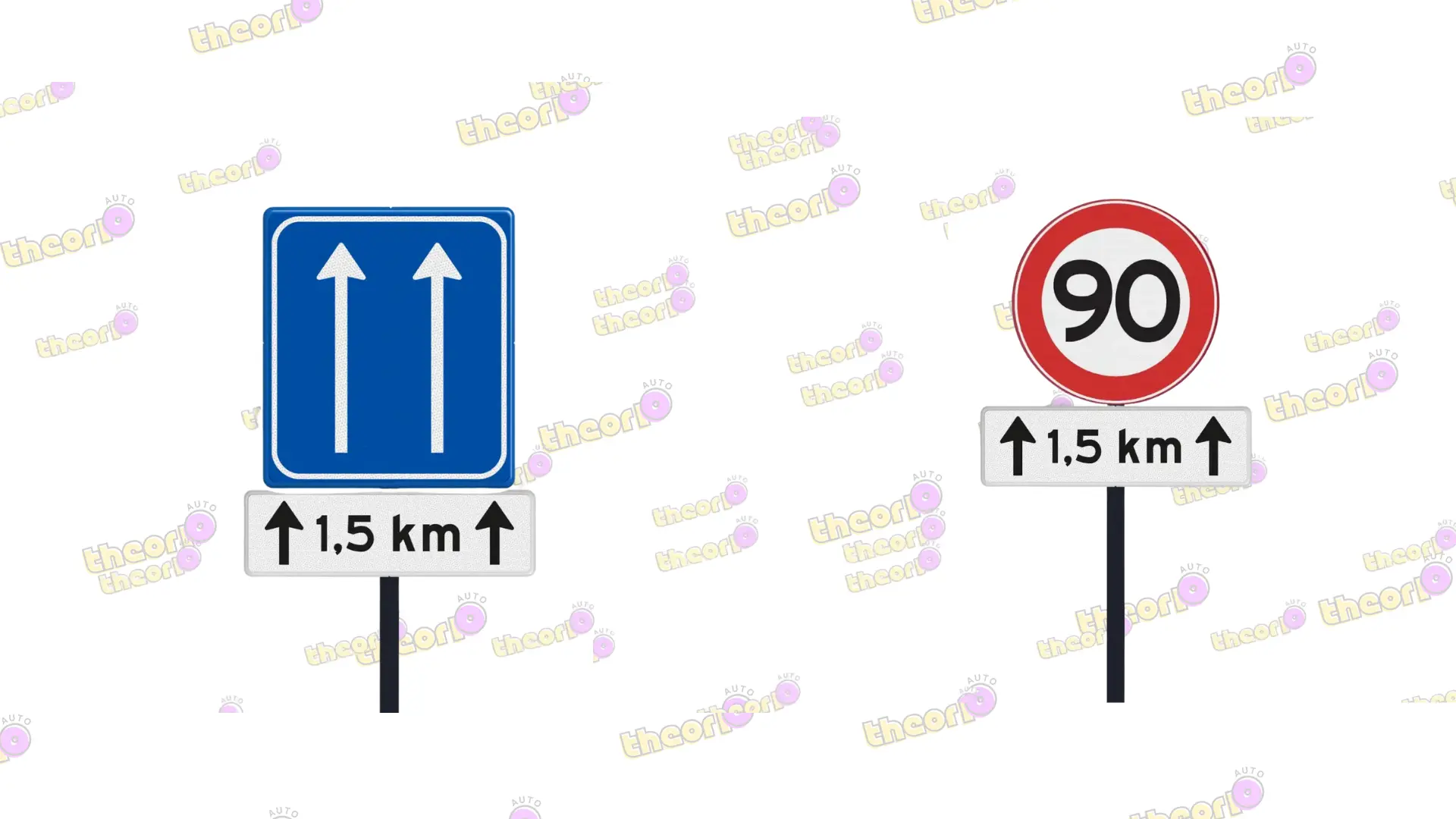 Twee borden met een wit onderbord: één met twee pijlen en een afstand, één met alleen een afstand