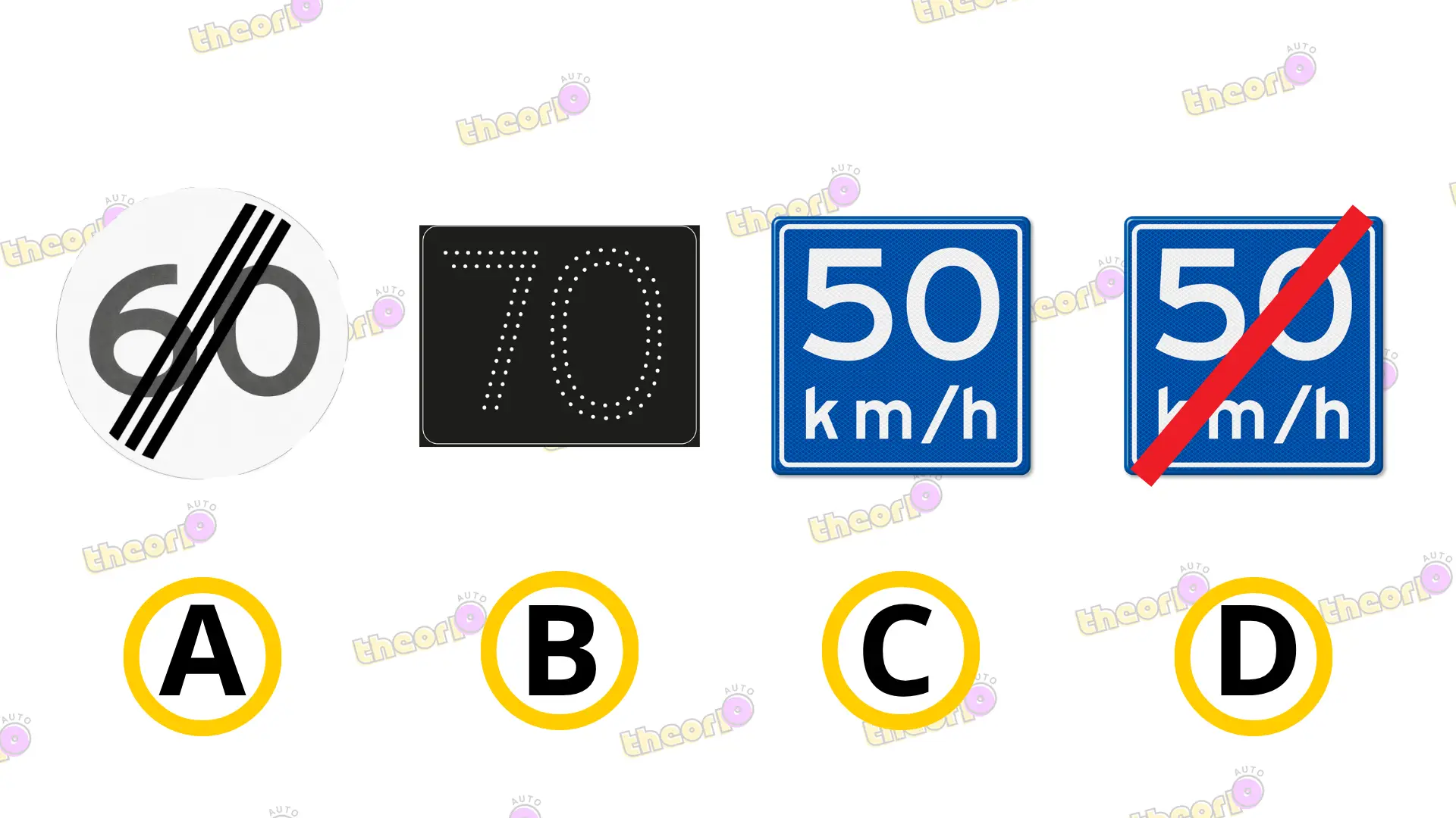 Vier borden naast elkaar: einde maximumsnelheid, matrixbord met 70, blauw adviesbord 50 en einde advies