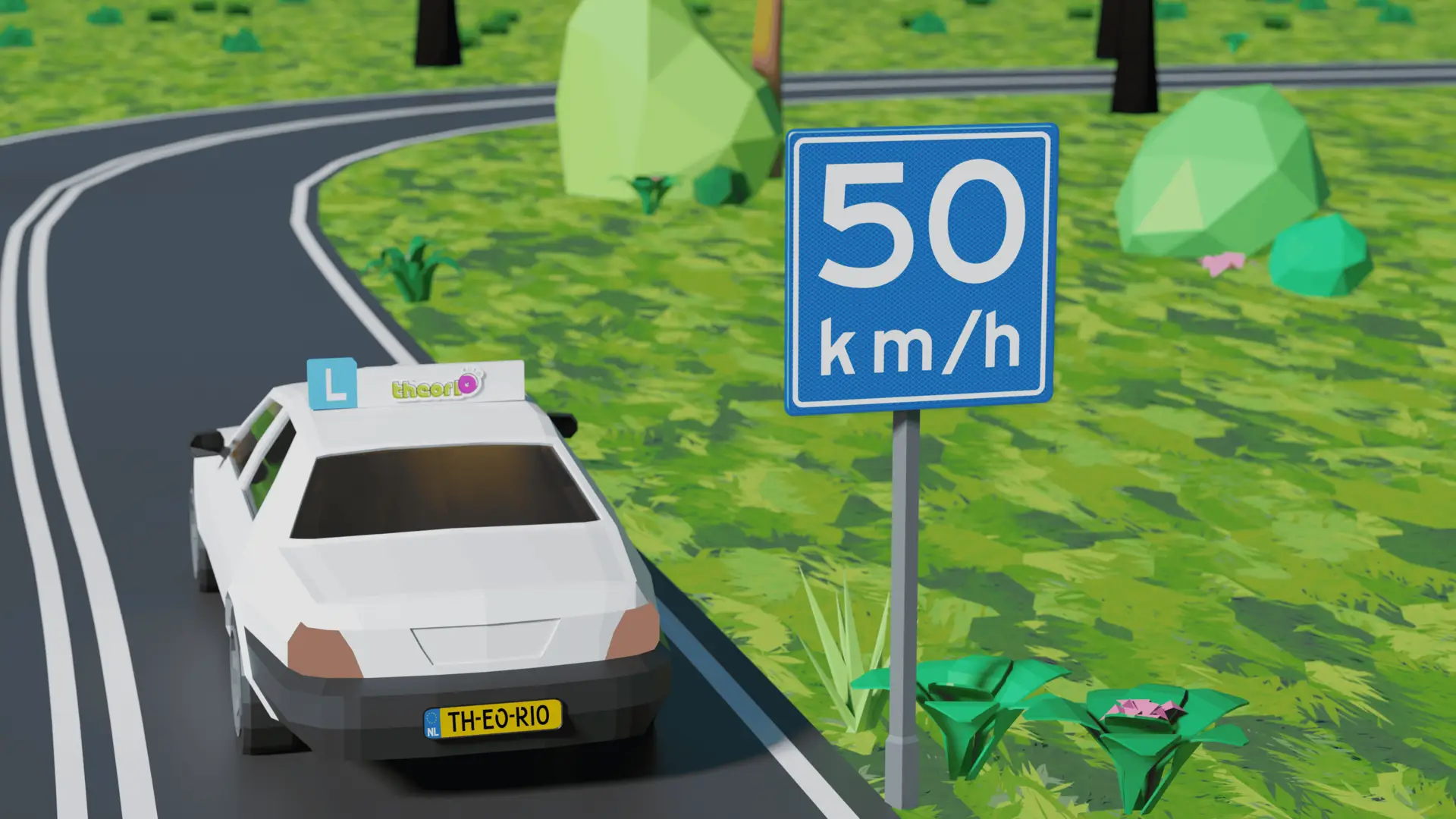 Auto die een bocht nadert met een blauw adviesbord van 50 km/u langs de weg