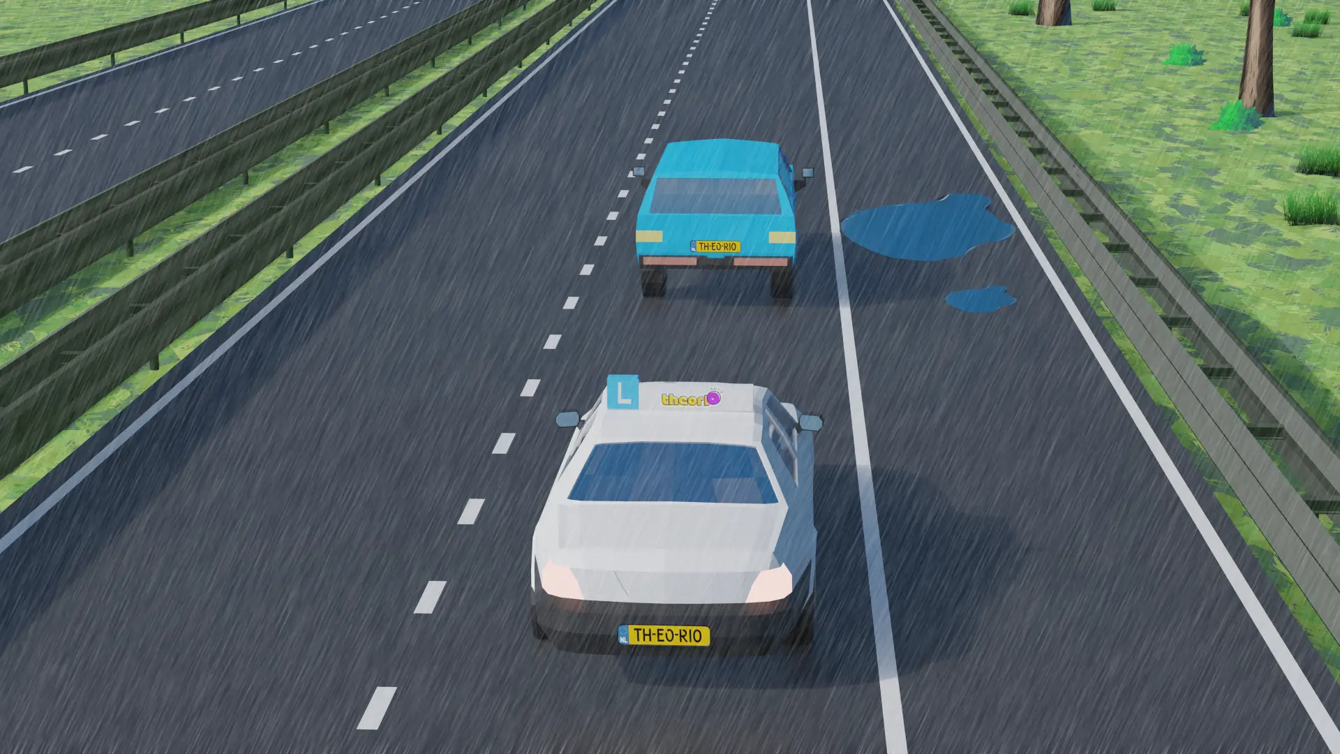 Auto die bij hoge snelheid door een laag water rijdt en begint te glijden