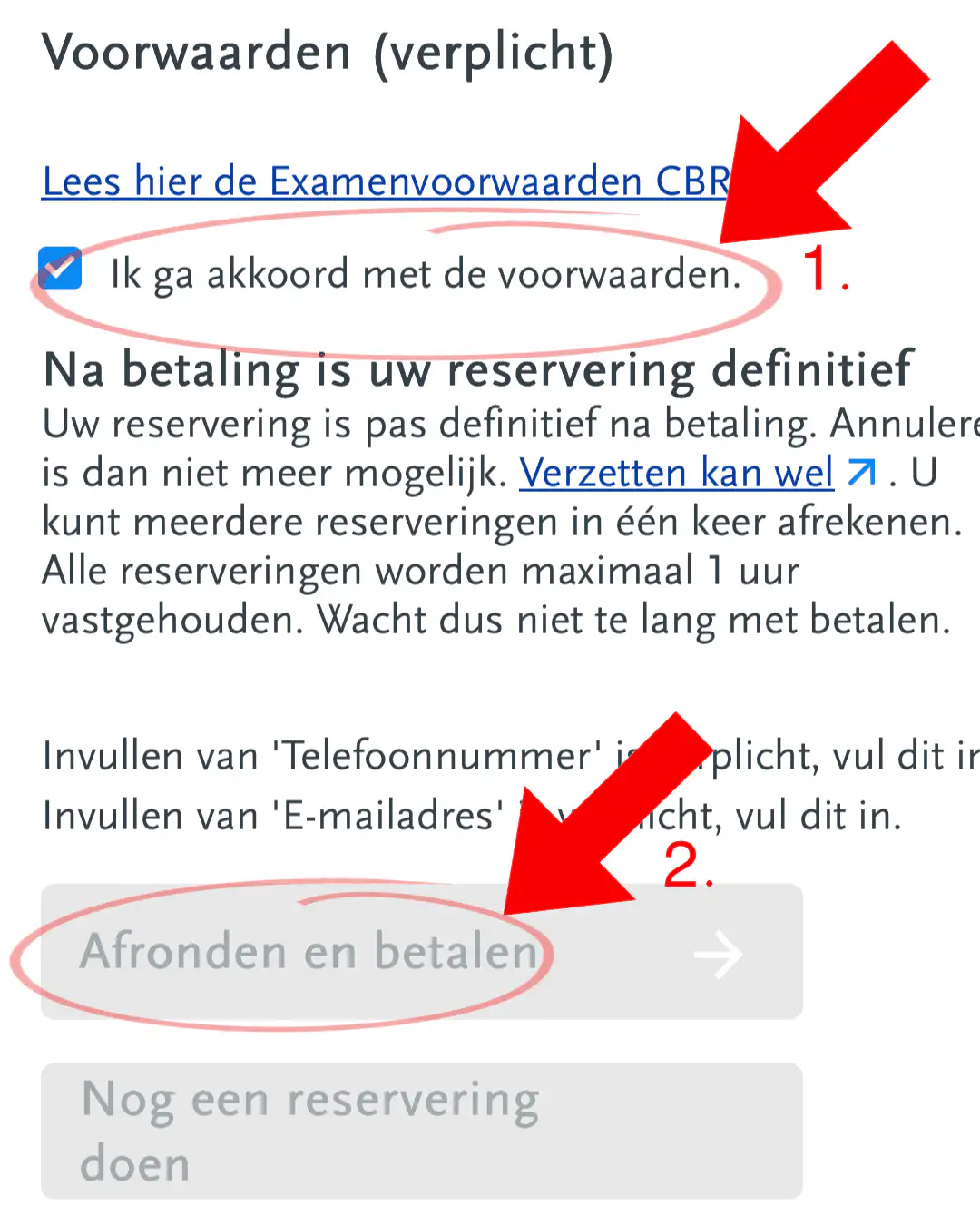 Voorwaarden accepteren en online betalen in Mijn CBR