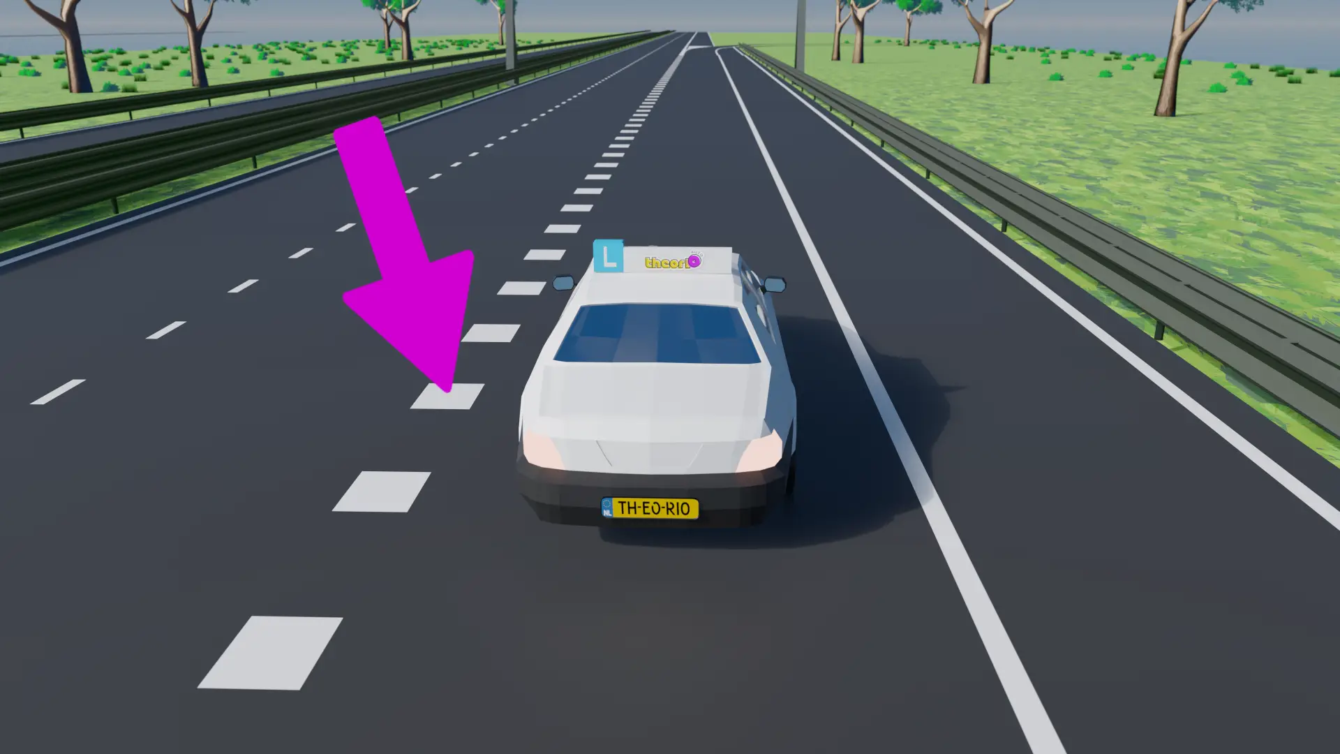 Snelweg met blokmarkering die de doorgaande rijbaan van de afrit scheidt