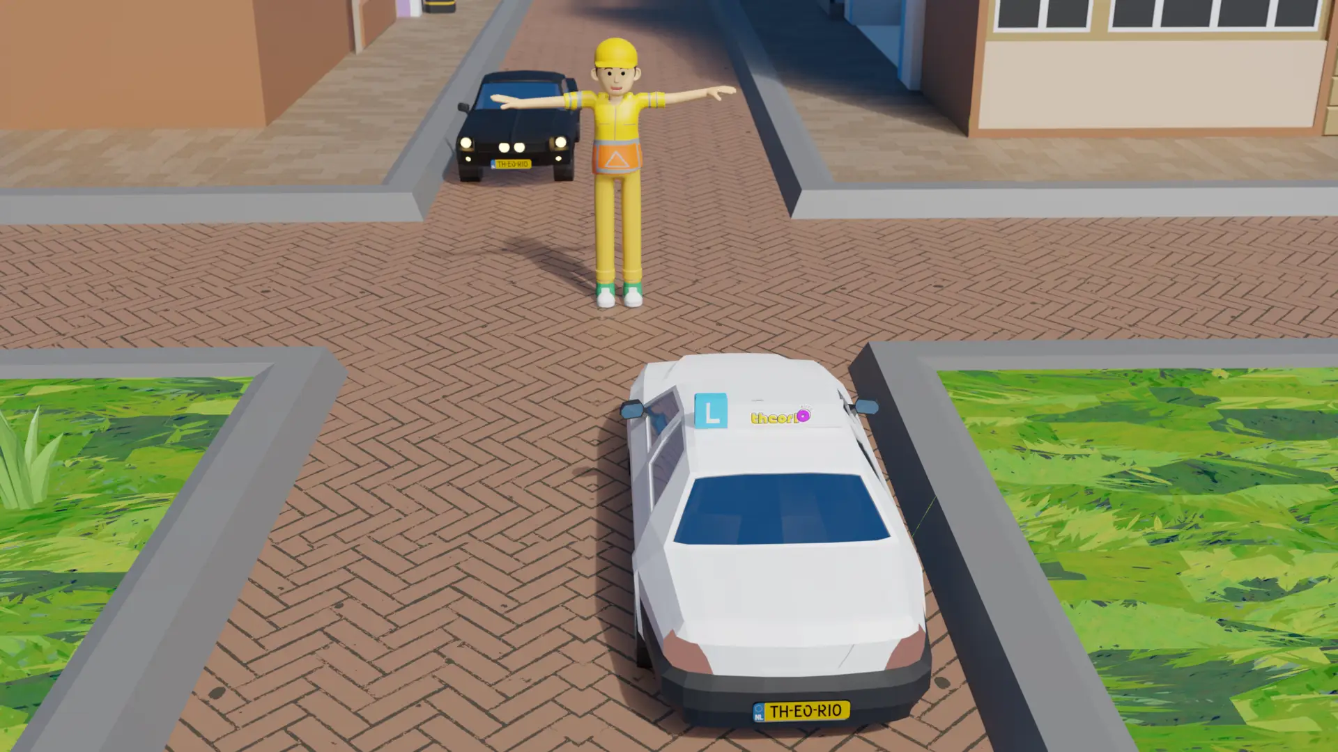  Verkeersregelaar op een kruispunt met gestrekte armen