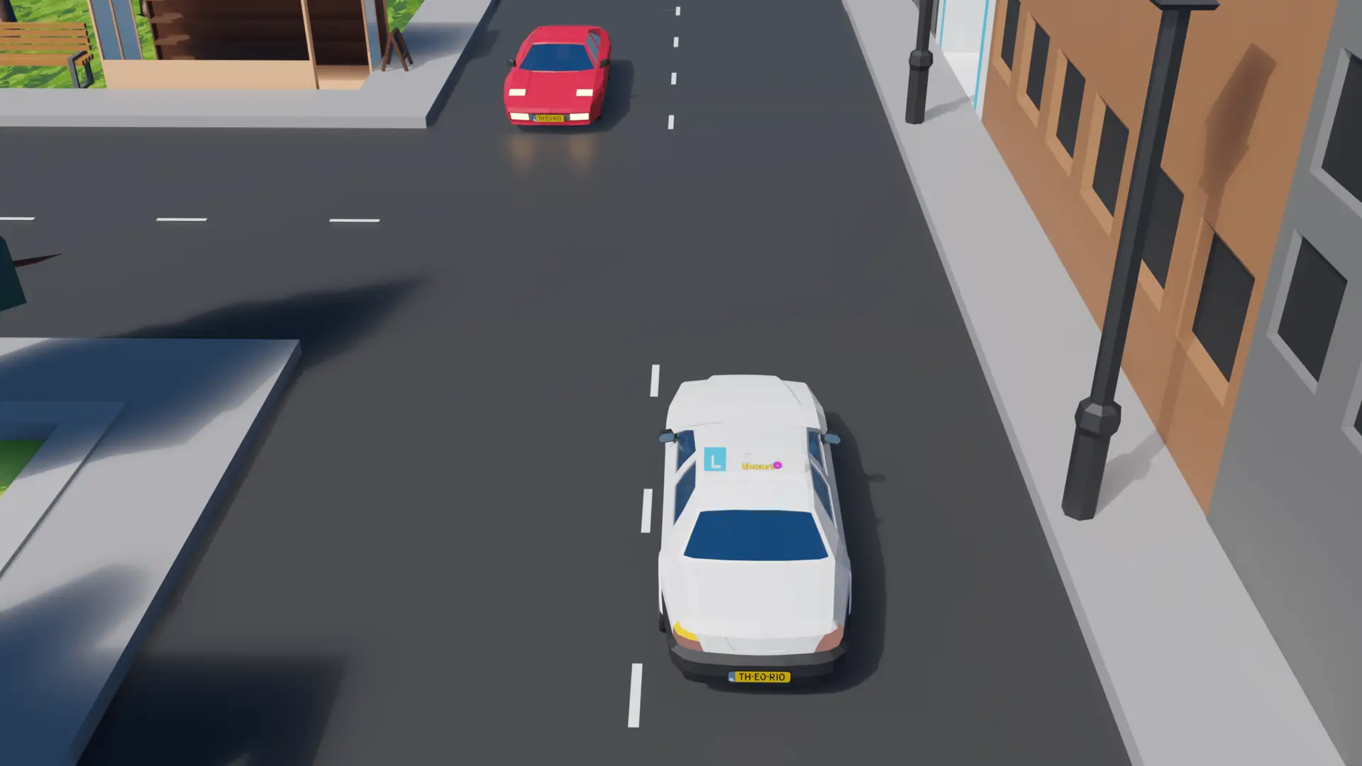 Lesauto die op een T-splitsing tegen de as van de weg is voorgesorteerd, met een tegenligger