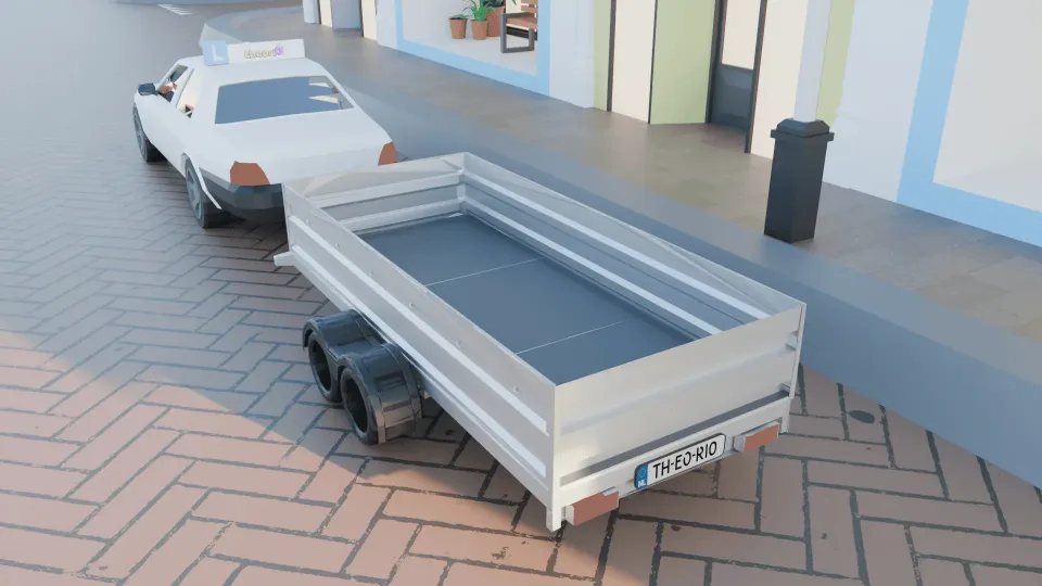 Aanhangwagen van maximaal 750 kg achter een lesauto, met een witte kentekenplaat met het kenteken van de auto