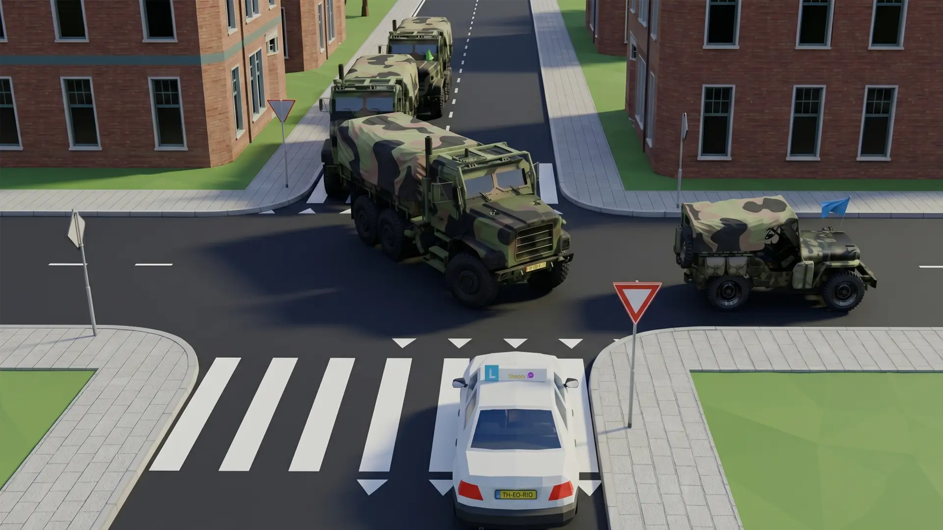 Kruispunt met een zebrapad waarop een auto staat voorgesorteerd en zo overstekende voetgangers blokkeert