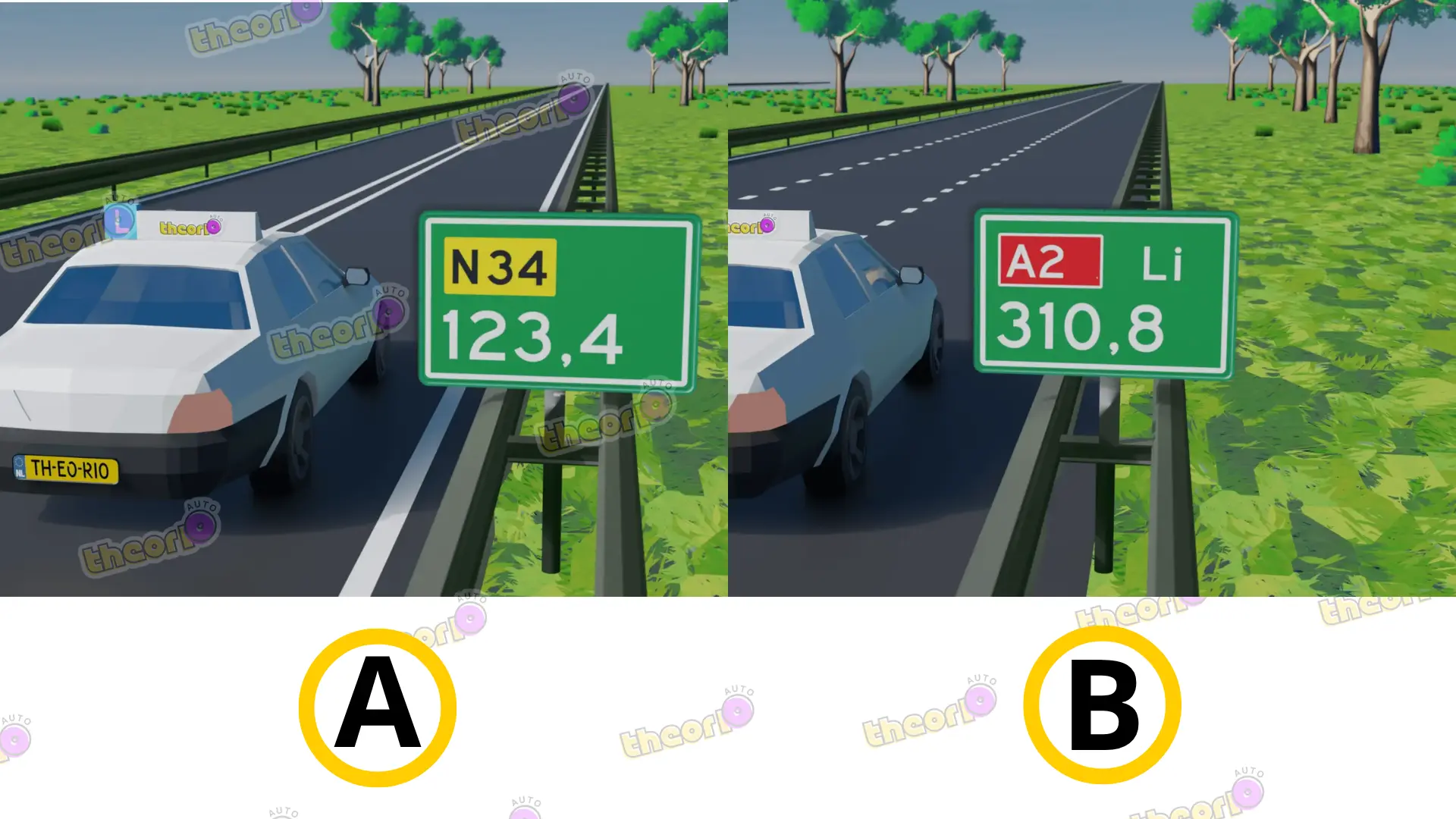 Hectometerbordje van een N-weg naast een hectometerbordje van een A-weg