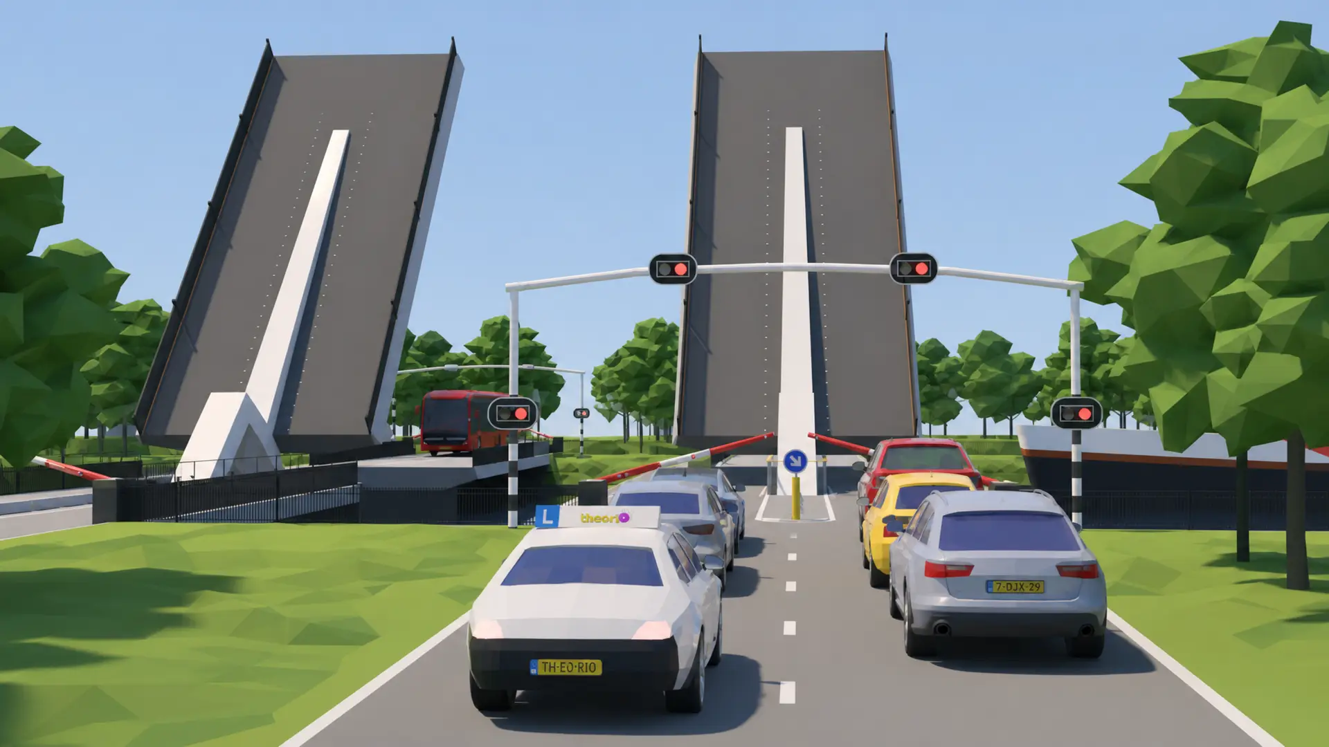 Auto's die wachten voor een gesloten slagboom bij een open brug