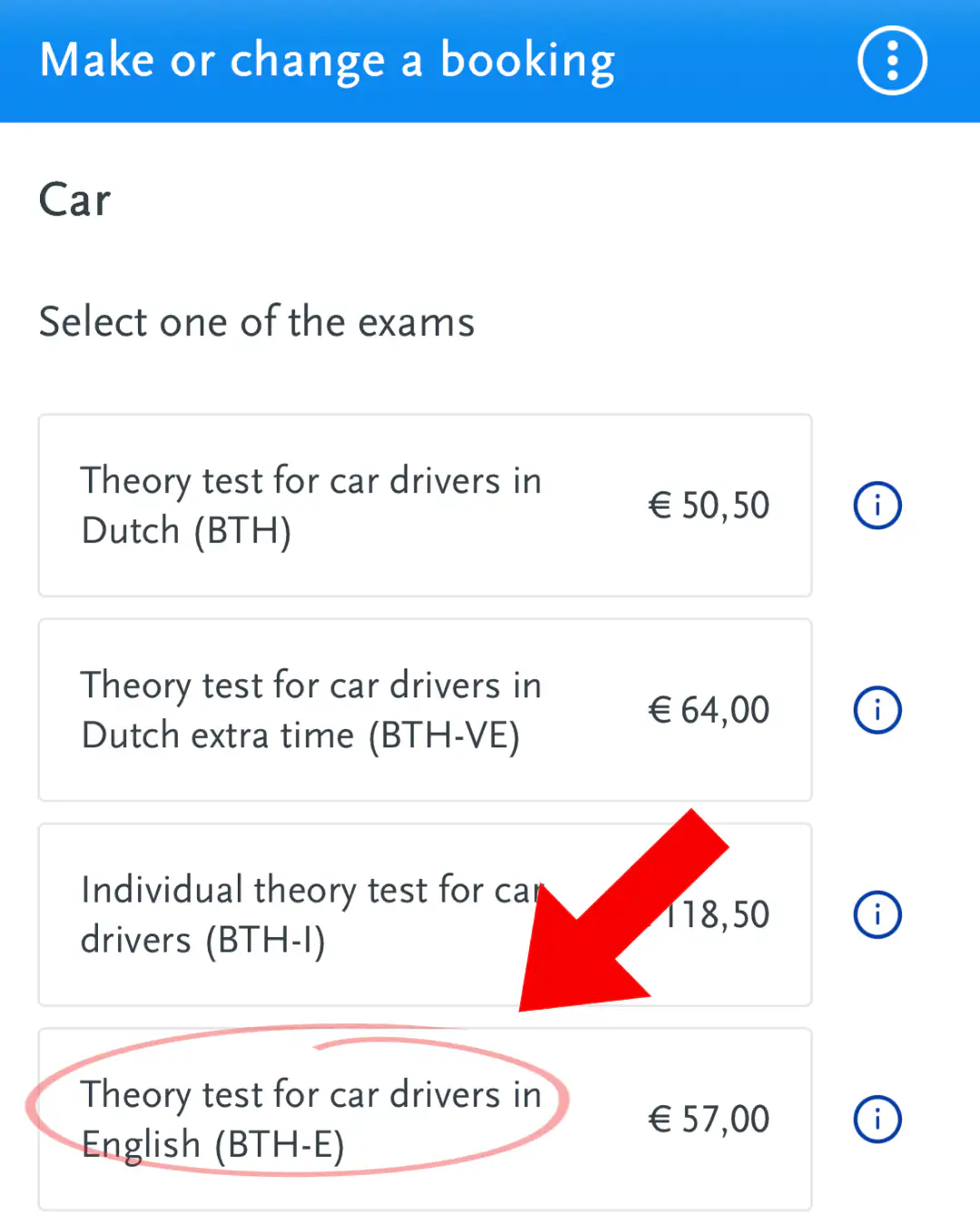 Choosing the English version of the car theory exam