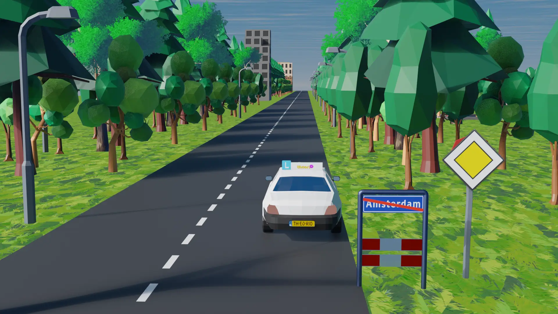 Voorrangsweg buiten de bebouwde kom met een auto in de berm en een suggestiestrook langs de rijbaan