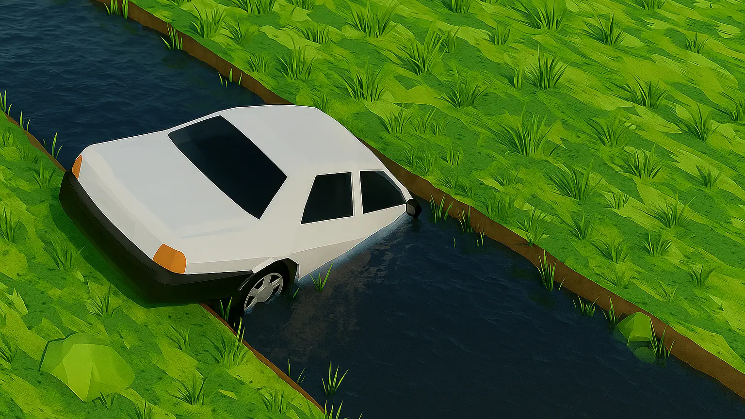 Auto die met de neus in het water van een sloot ligt
