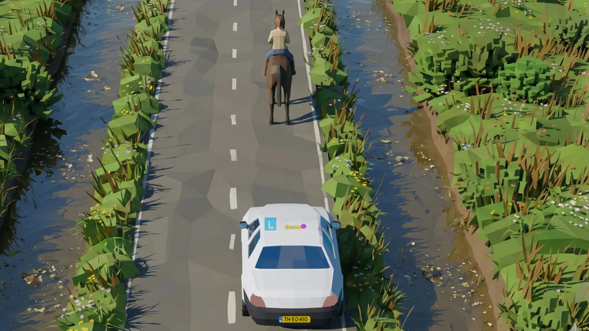 Auto die een ruiter te paard met verminderde snelheid en extra zijdelingse ruimte passeert