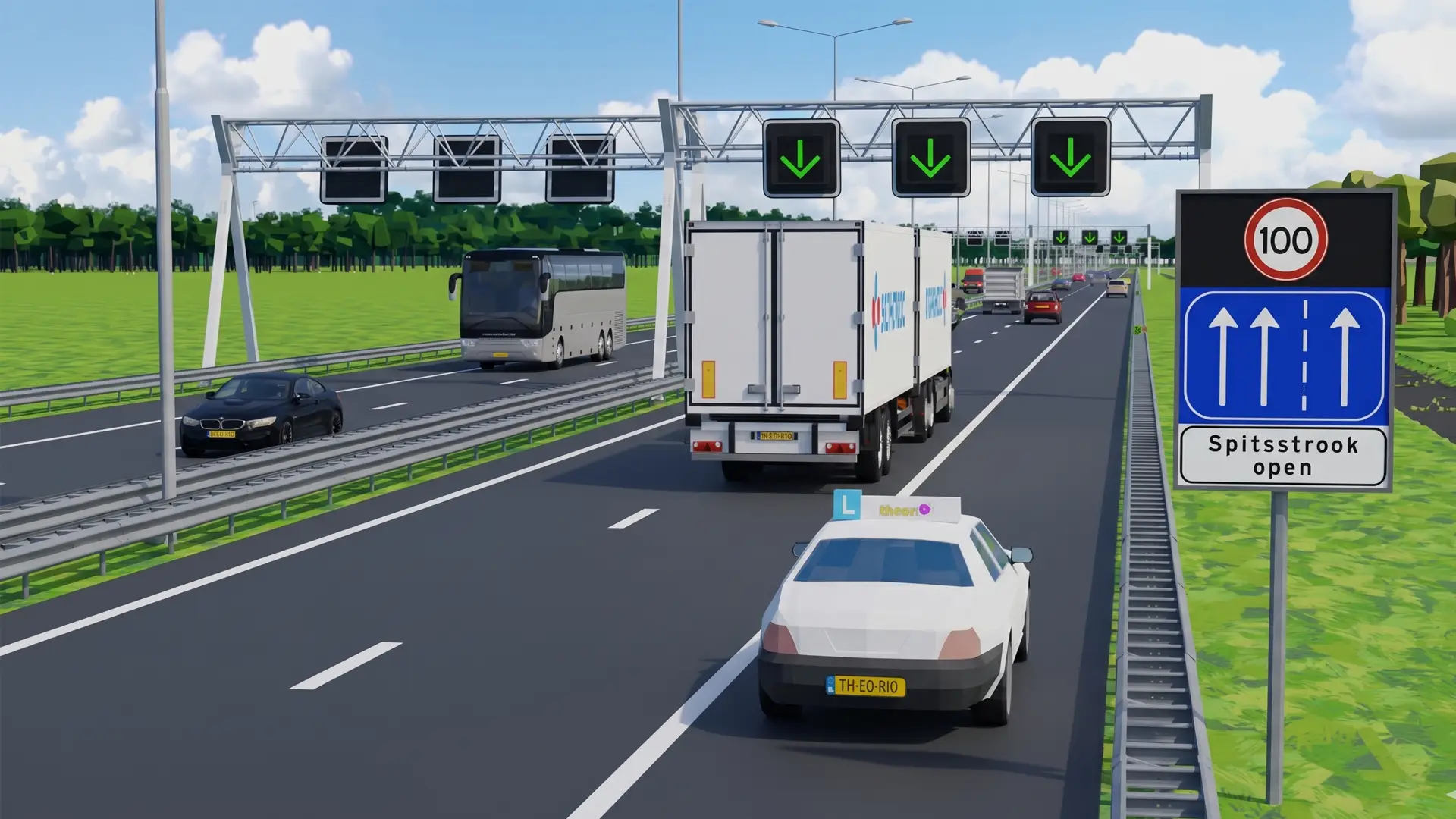 Matrixbord met groene pijl naar beneden en de drie spitsstrookborden: einde spitsstrook, spitsstrook open en spitsstrook gesloten