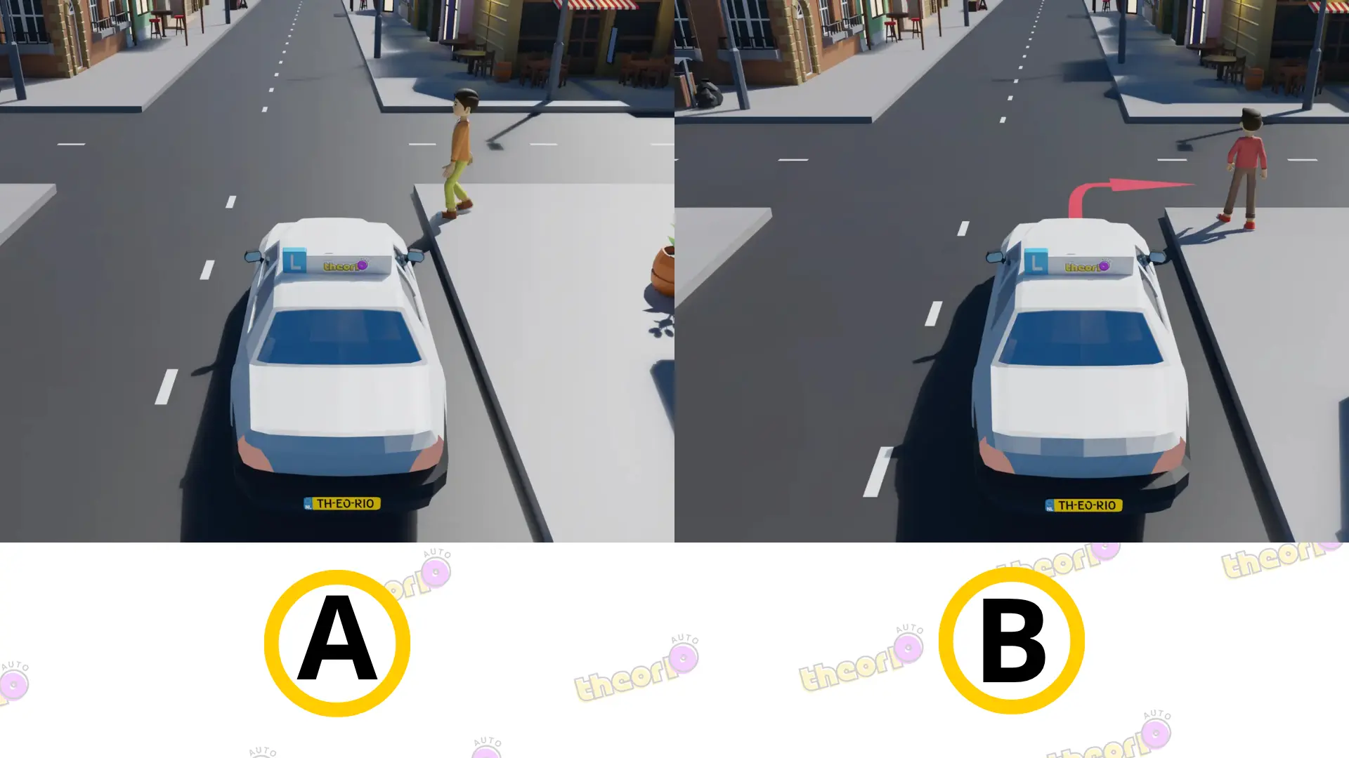 Twee situaties naast elkaar: een auto die de buik van een overstekende voetganger ziet en een auto die de voetganger van opzij ziet