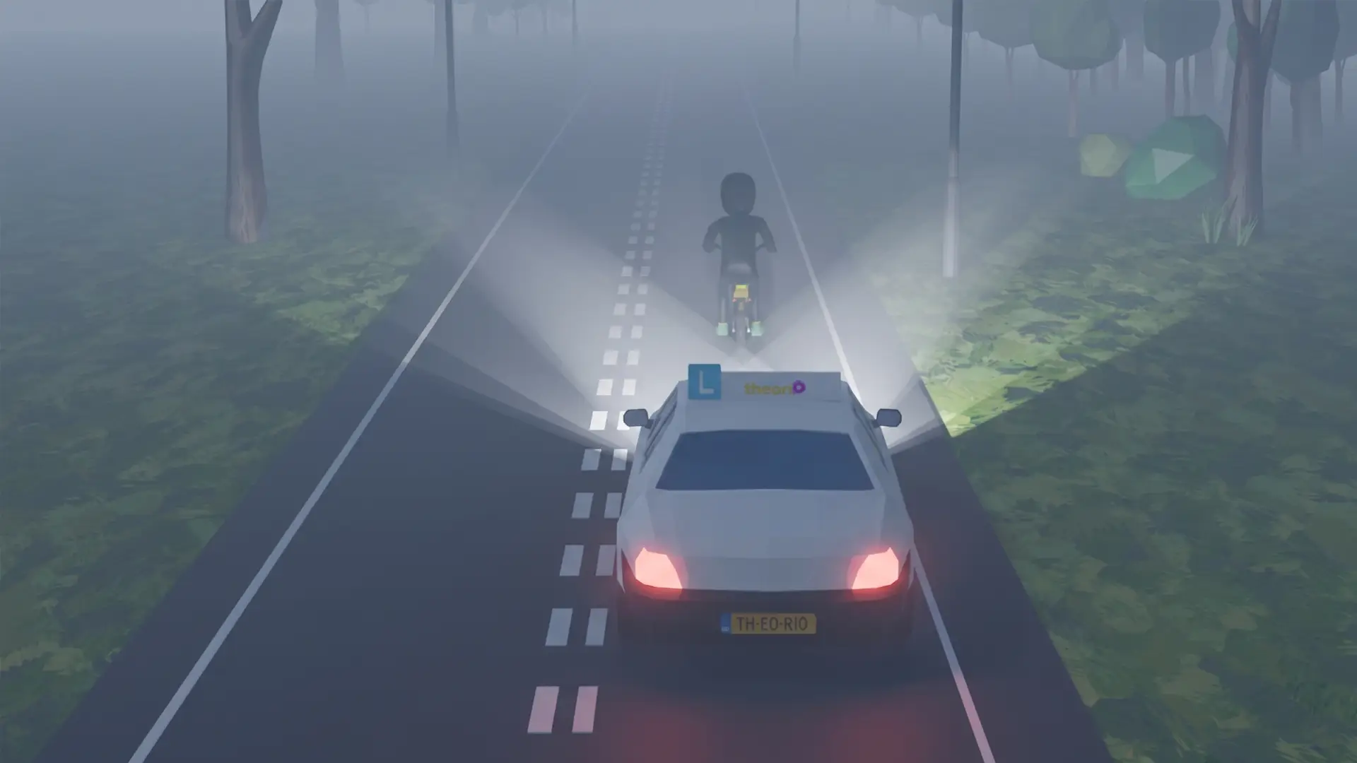 Weg met mist waarin je niet ver genoeg vooruit kunt zien om te weten of er een tegenligger aankomt