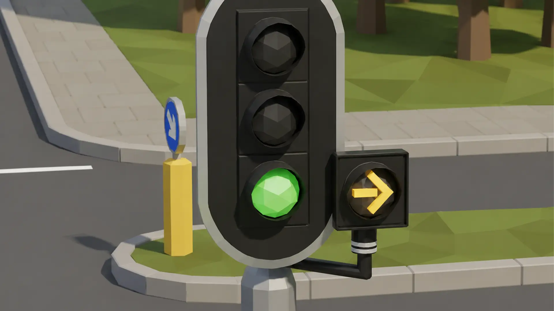 Driekleurig verkeerslicht met een kleine gele waarschuwingspijl ernaast bij een kruising met een fietspad