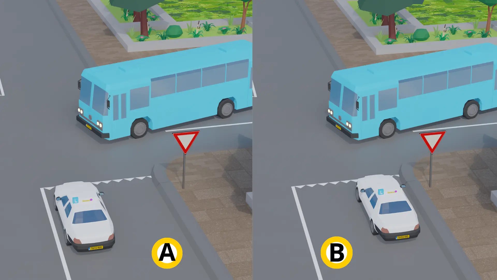 Situaties A en B naast elkaar: in B staat de auto tegen de stoeprand, zodat de bus de bocht kan maken