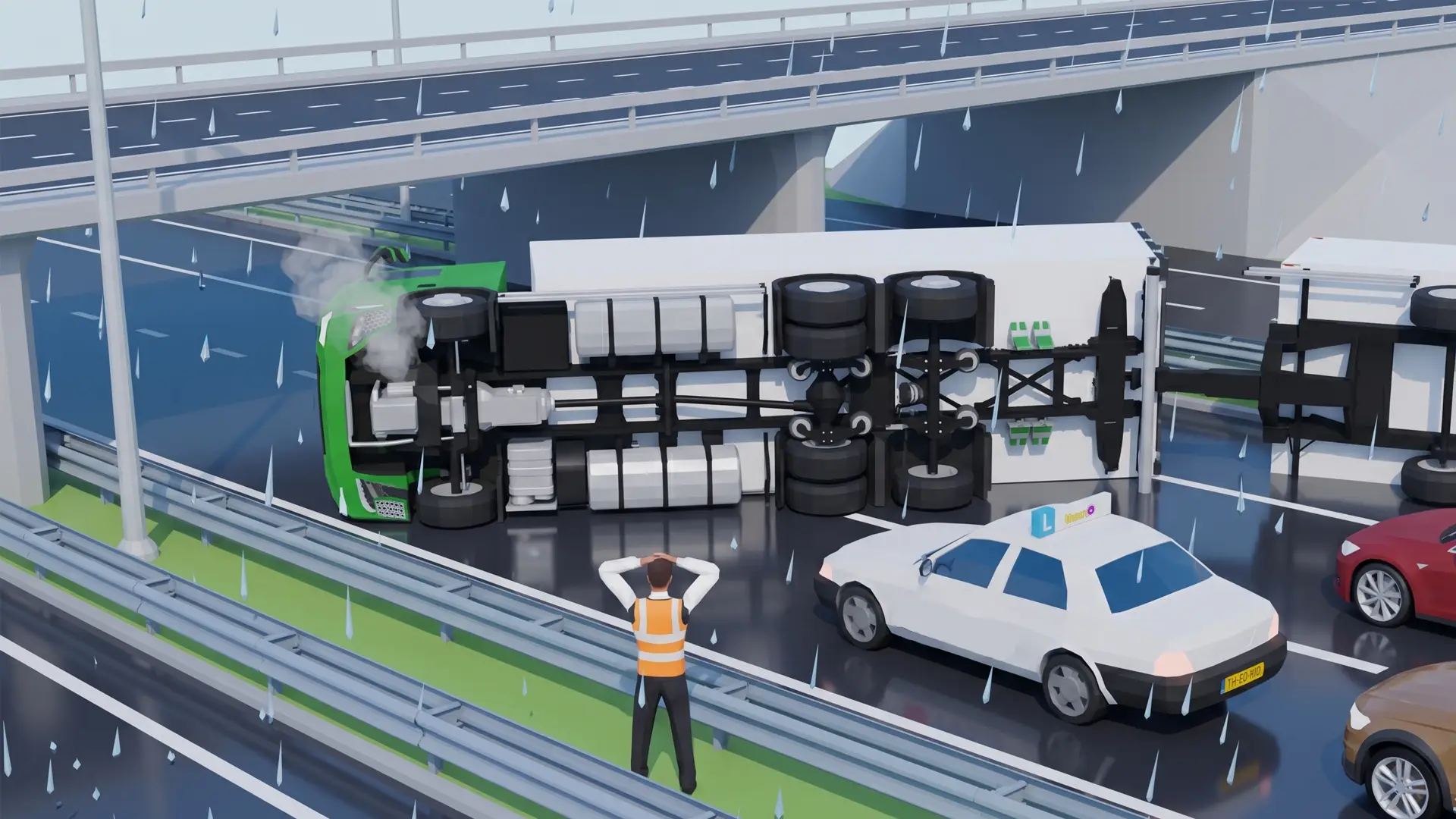 Auto met pech op de vluchtstrook van de snelweg; de bestuurder staat achter de vangrail