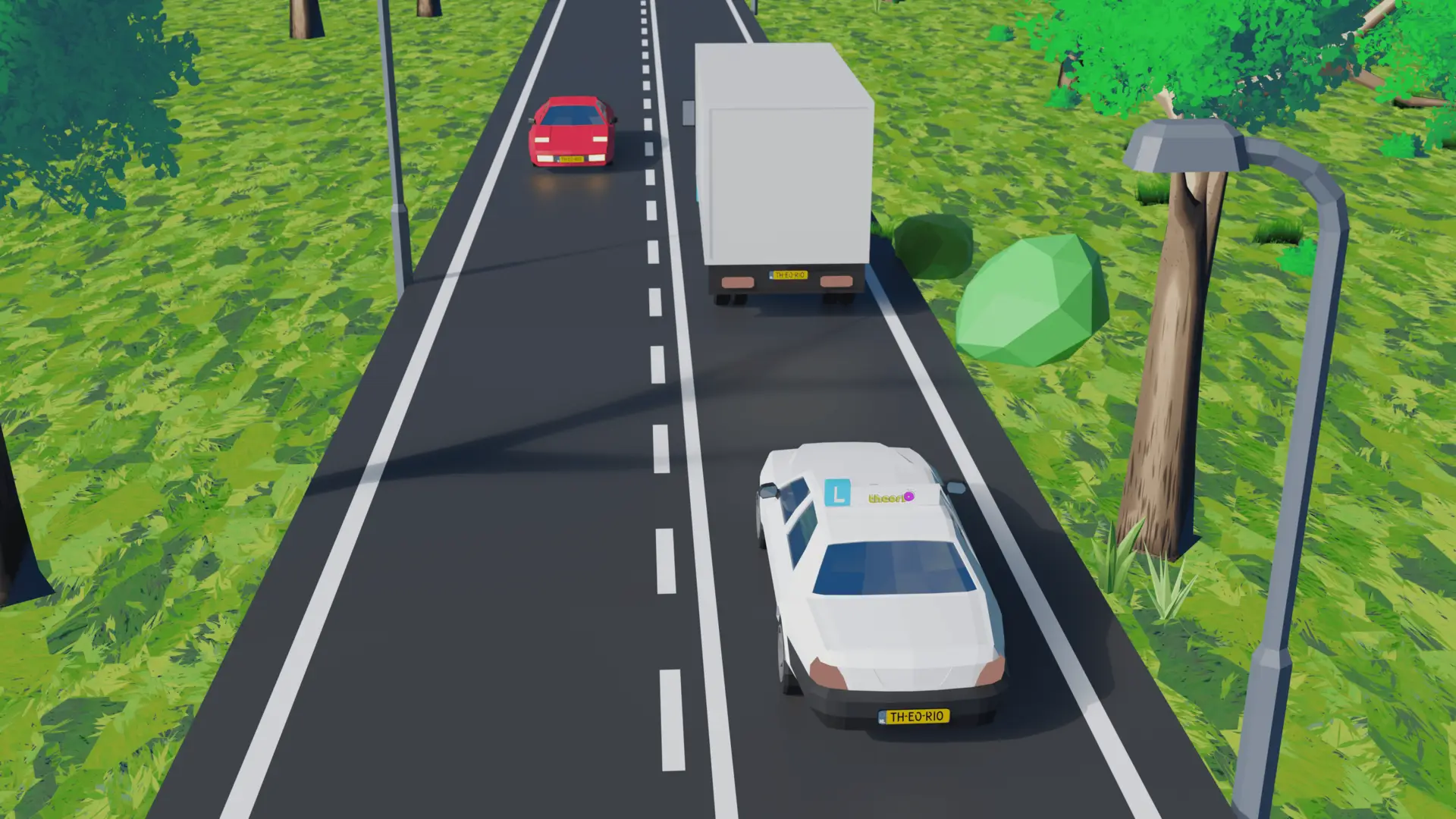 Weg met een doorgetrokken streep naast een onderbroken streep, met een auto aan de kant van de onderbroken streep