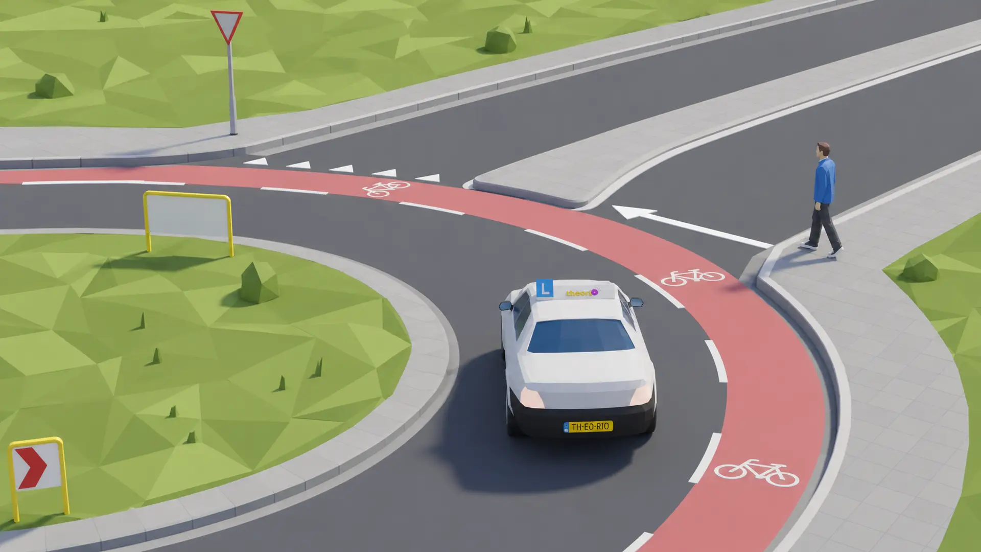 Rotonde met een overstekende voetganger en een auto die de rotonde verlaat