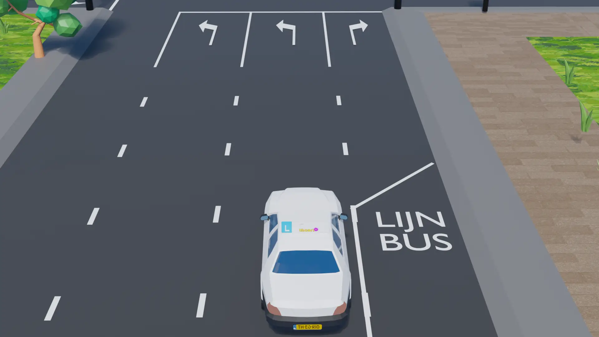 Busstrook waarvan de doorgetrokken streep vlak voor het kruispunt overgaat in een onderbroken streep