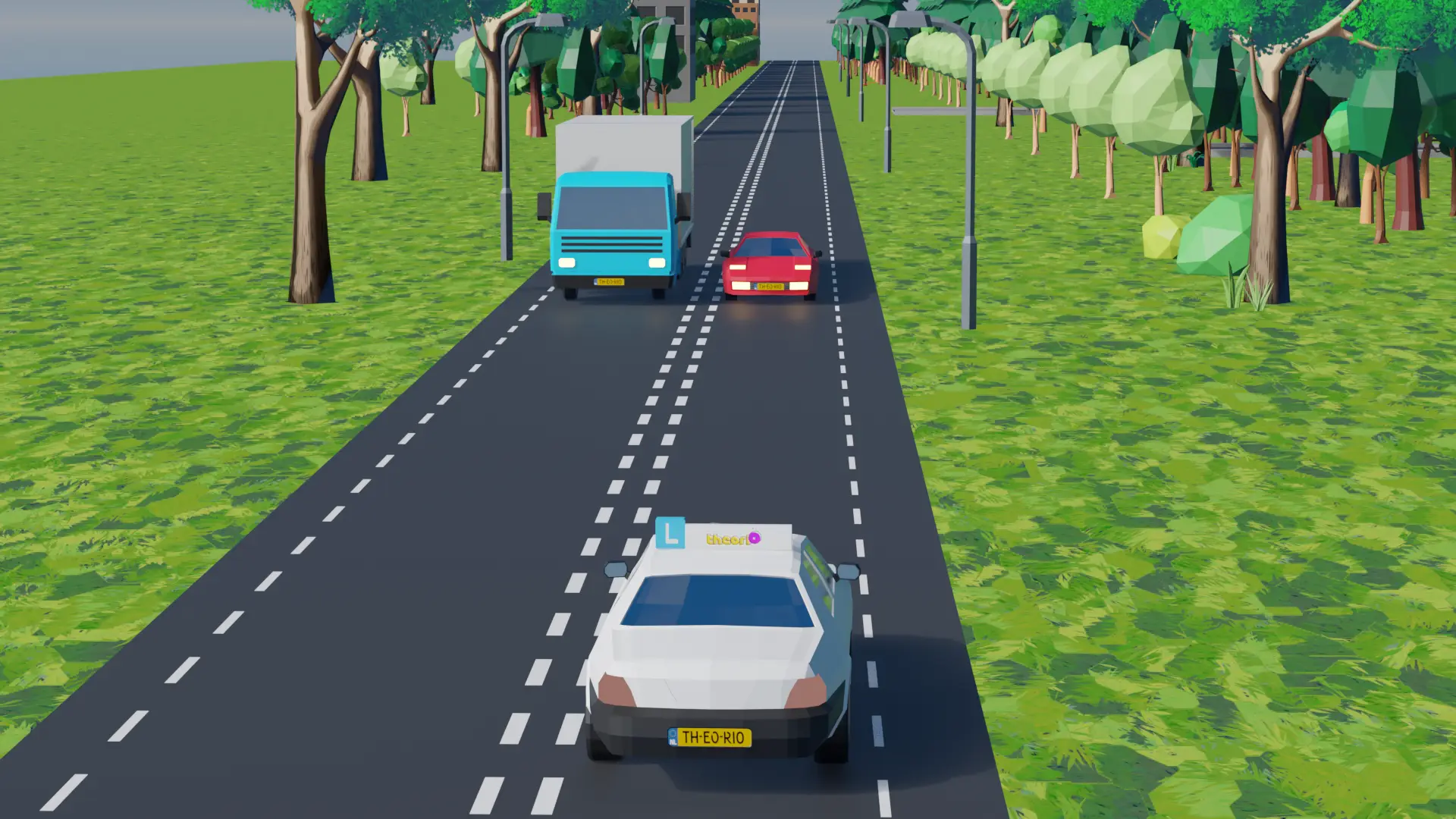 Tegenligger die tijdens zijn inhaalactie te weinig ruimte heeft, met een auto die naar rechts uitwijkt en vaart mindert