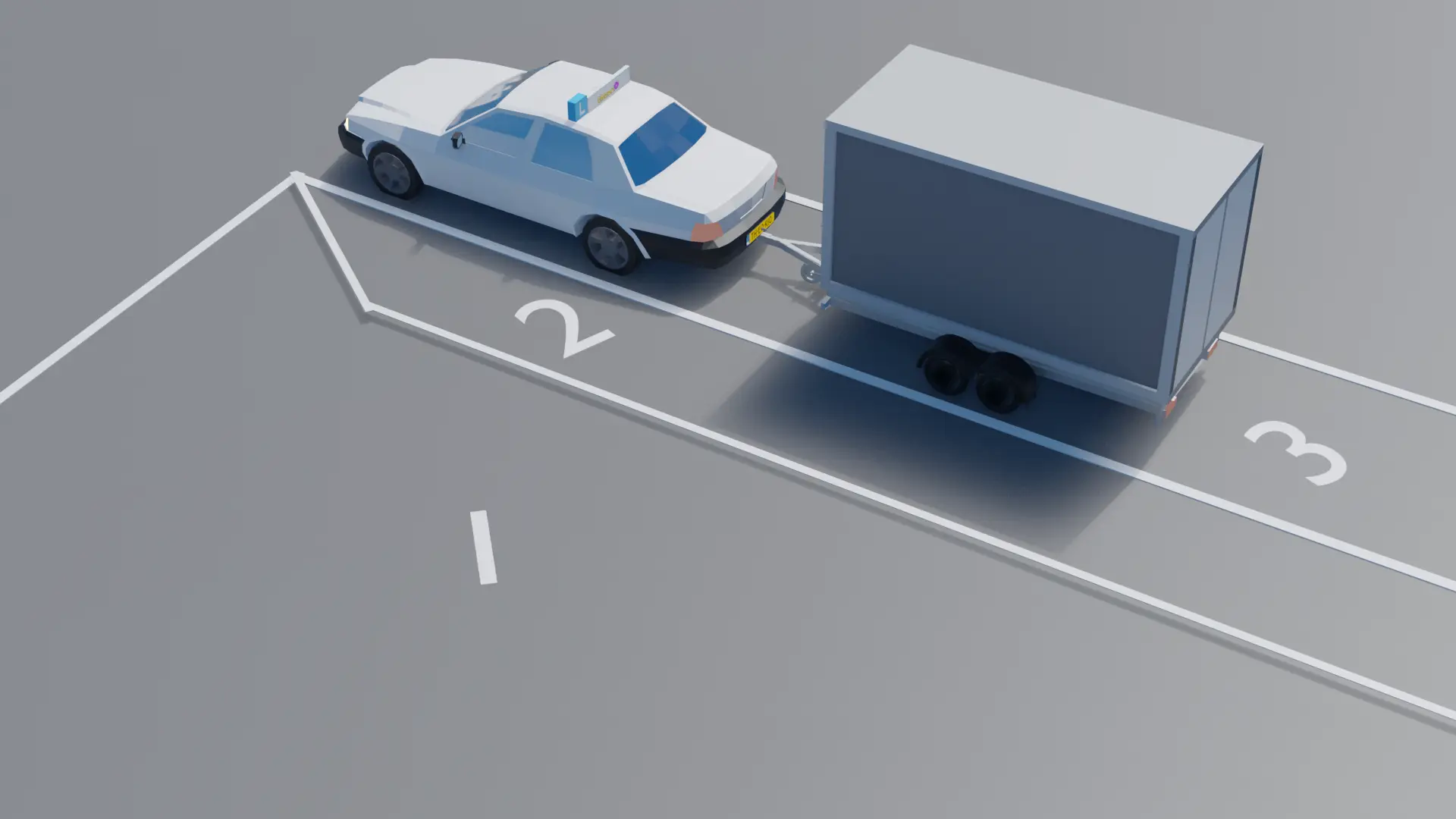 Auto met aanhangwagen van schuin boven, met lijnen op de grond die aangeven welk gebied de buitenspiegels laten zien en waar de dode hoek zit