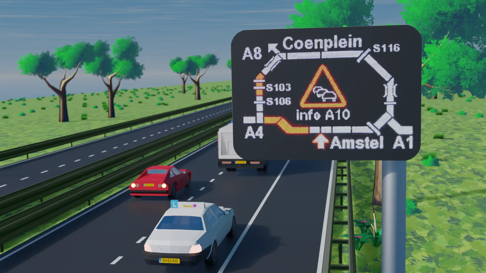 Elektronisch bord met een schematische ringweg waarop een deel van de route als file is aangegeven