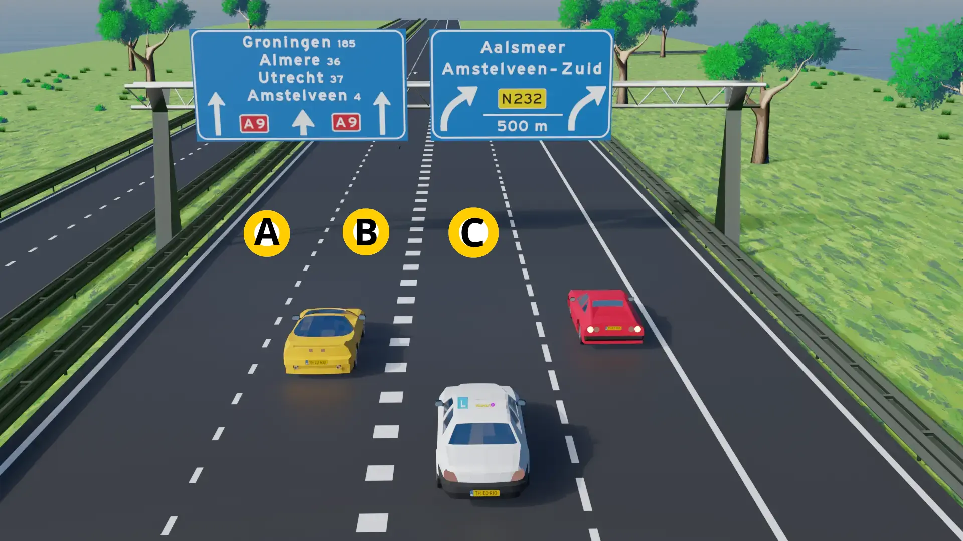 Bewegwijzering boven de snelweg met drie rijstroken A, B en C richting Nijmegen en Utrecht