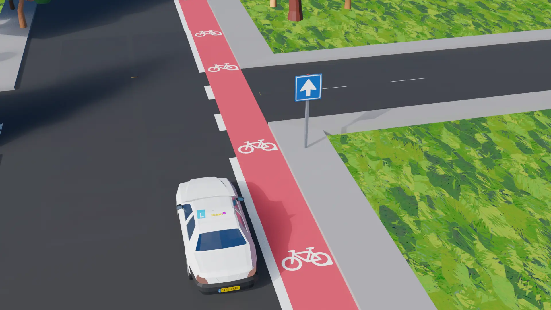Rode fietsstrook met een doorgetrokken streep, met de auto ernaast op de rijbaan