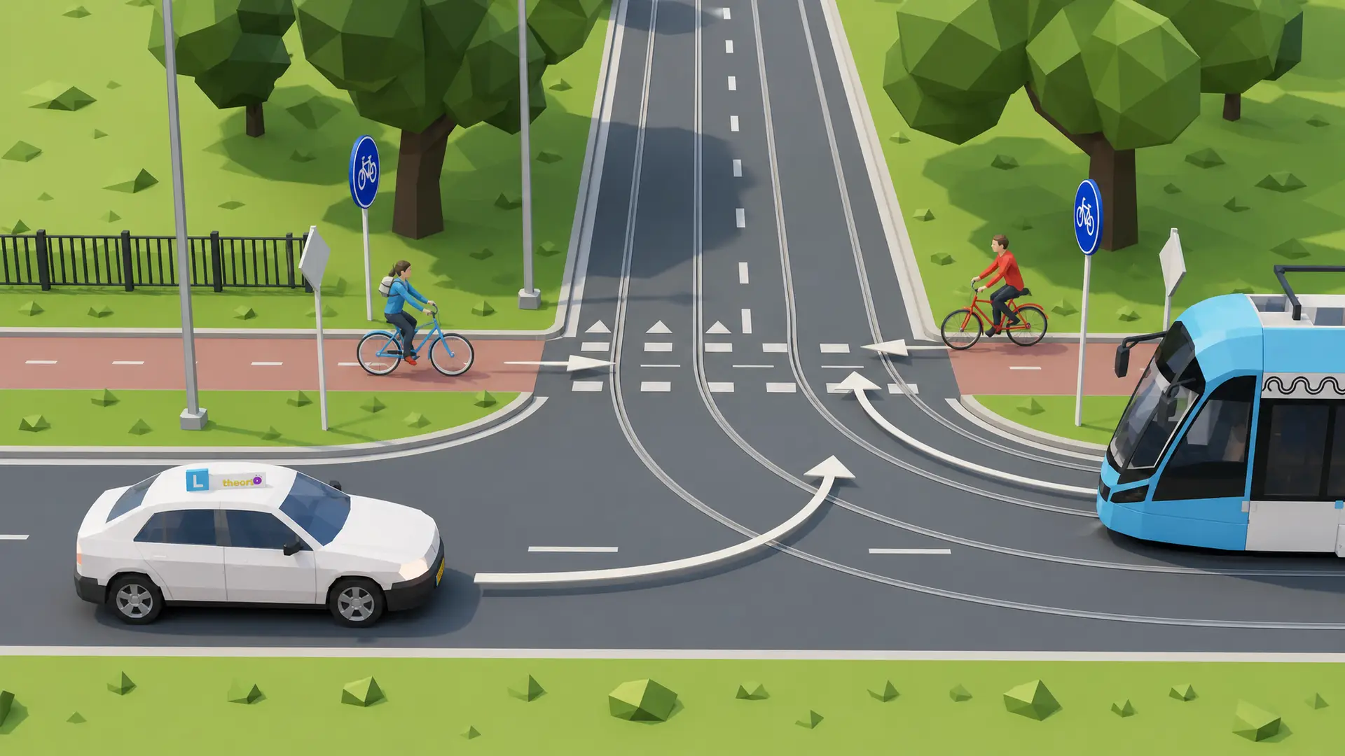 Tram, fietsers die rechtdoor gaan en een afslaande auto op dezelfde voorrangsweg