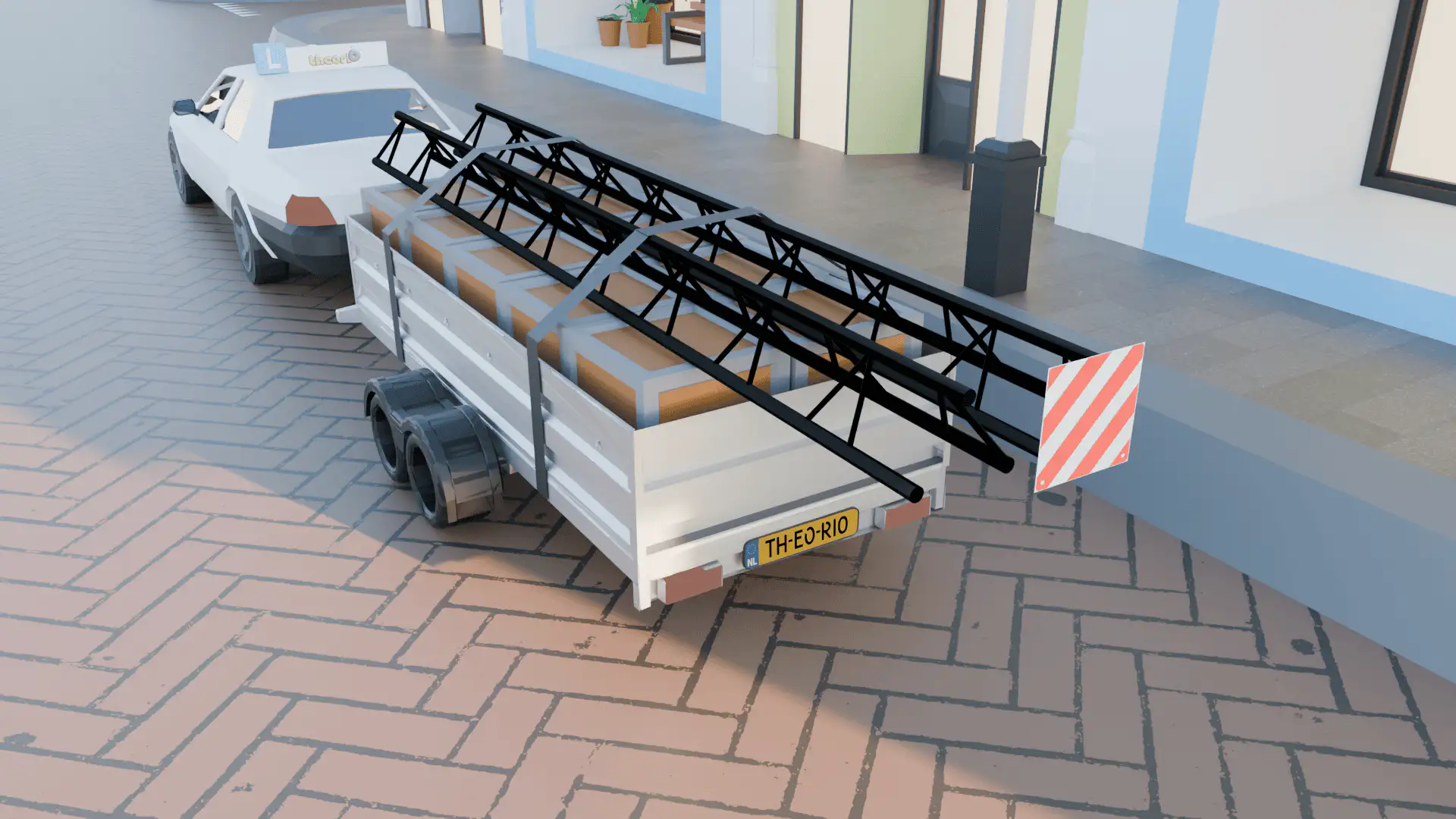 Aanhangwagen van meer dan 750 kg achter een auto, met een eigen gele kentekenplaat die afwijkt van het kenteken van de auto