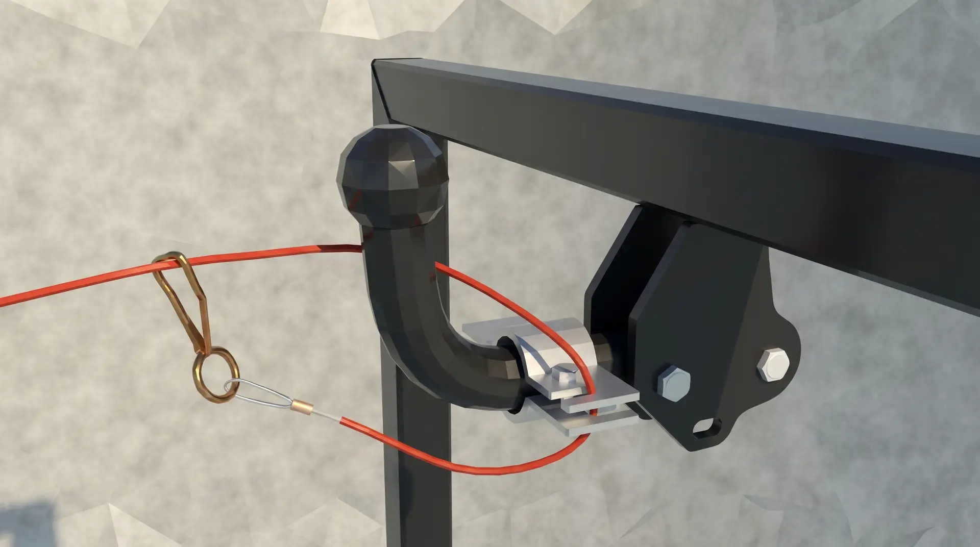 close-up van een trekhaak met de kabel van een losbreekreminrichting om de kogel van de trekhaak gelust (fout)