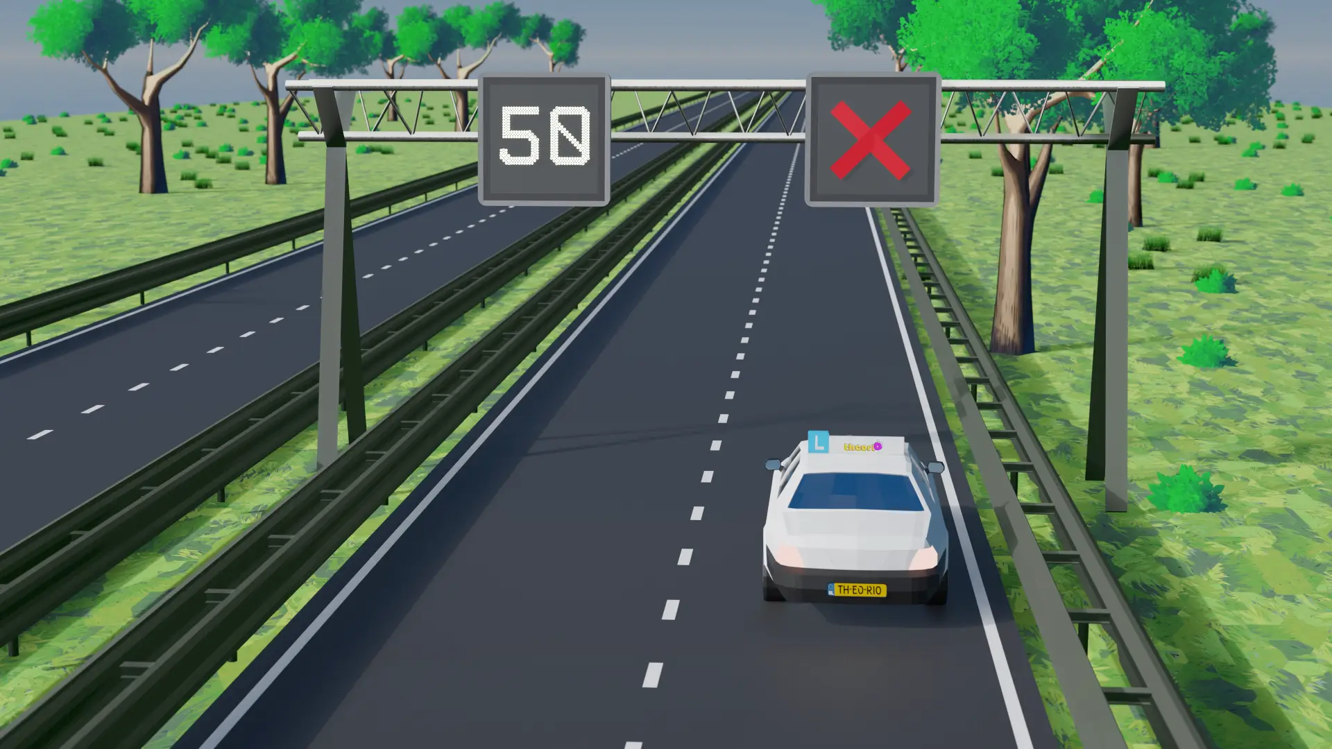 Matrixborden boven de rijstroken met een schuine pijl en een rood kruis