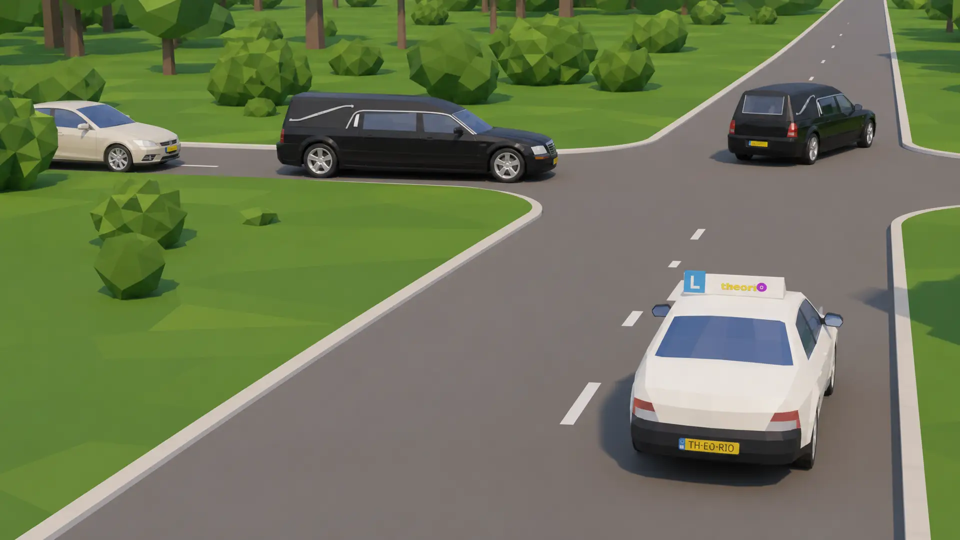 Uitvaartstoet met een lijkwagen en volgauto's, elk met twee vlaggen links en rechts vooraan