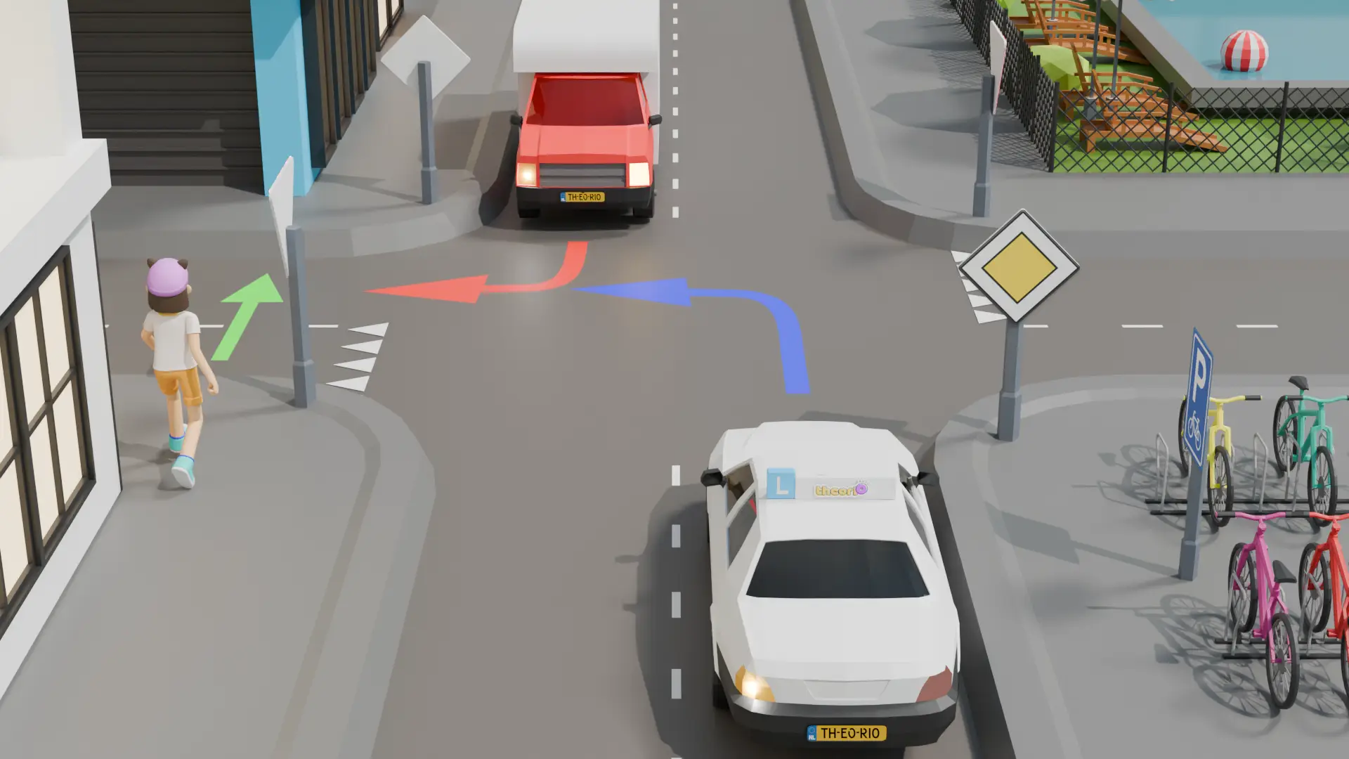 Kruispunt met een vrachtwagen, een lesauto en een overstekende voetganger