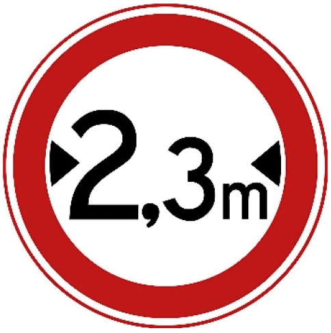 Gesloten voor voertuigen die, met lading, breder zijn dan op het bord aangegeven, bijvoorbeeld 2,3 meter.