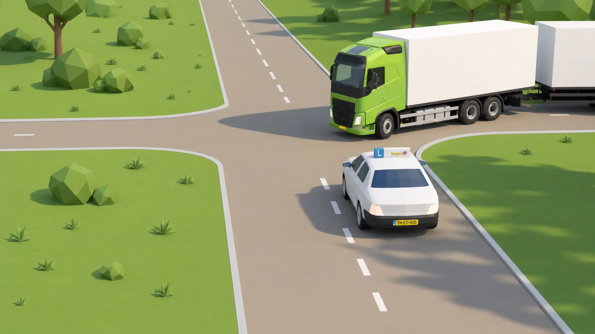 Vrachtwagen die een krappe bocht maakt en daarbij deels op de tegemoetkomende rijstrook komt