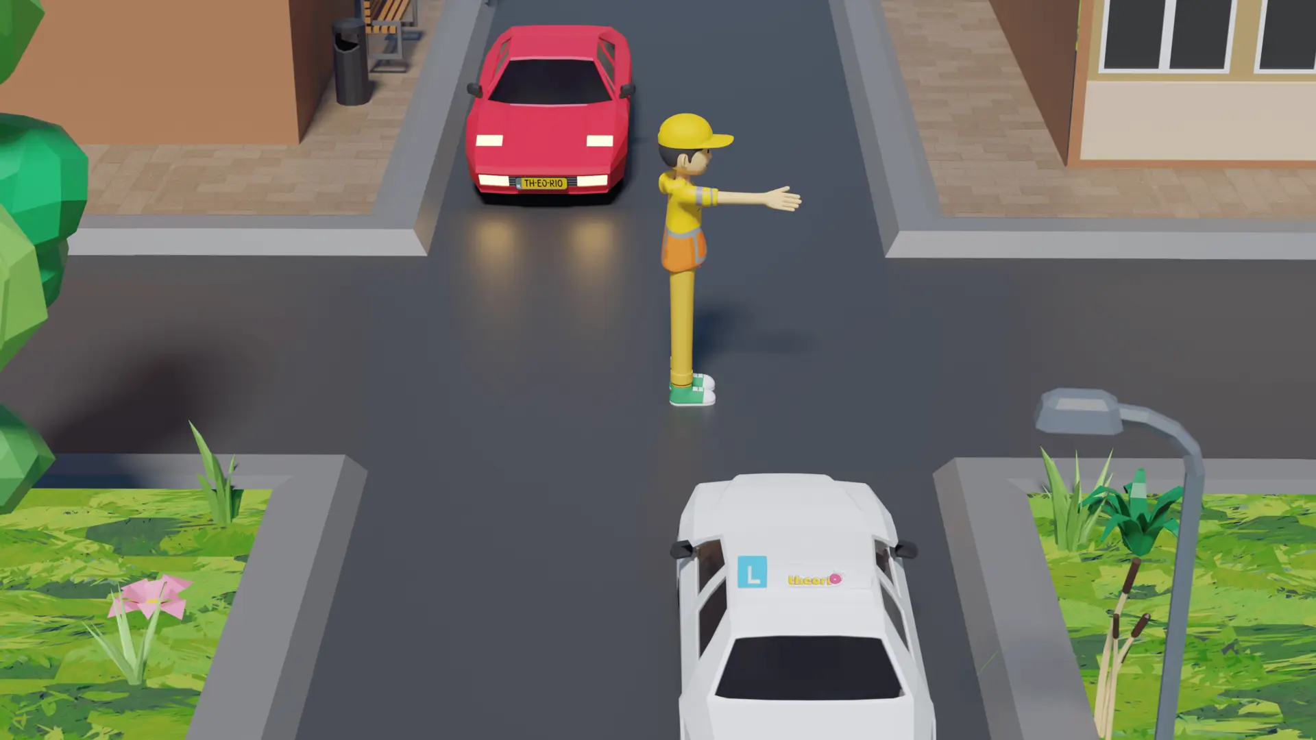Verkeersregelaar die vanaf de zijkant wordt genaderd en zijn arm naar voren gestrekt houdt