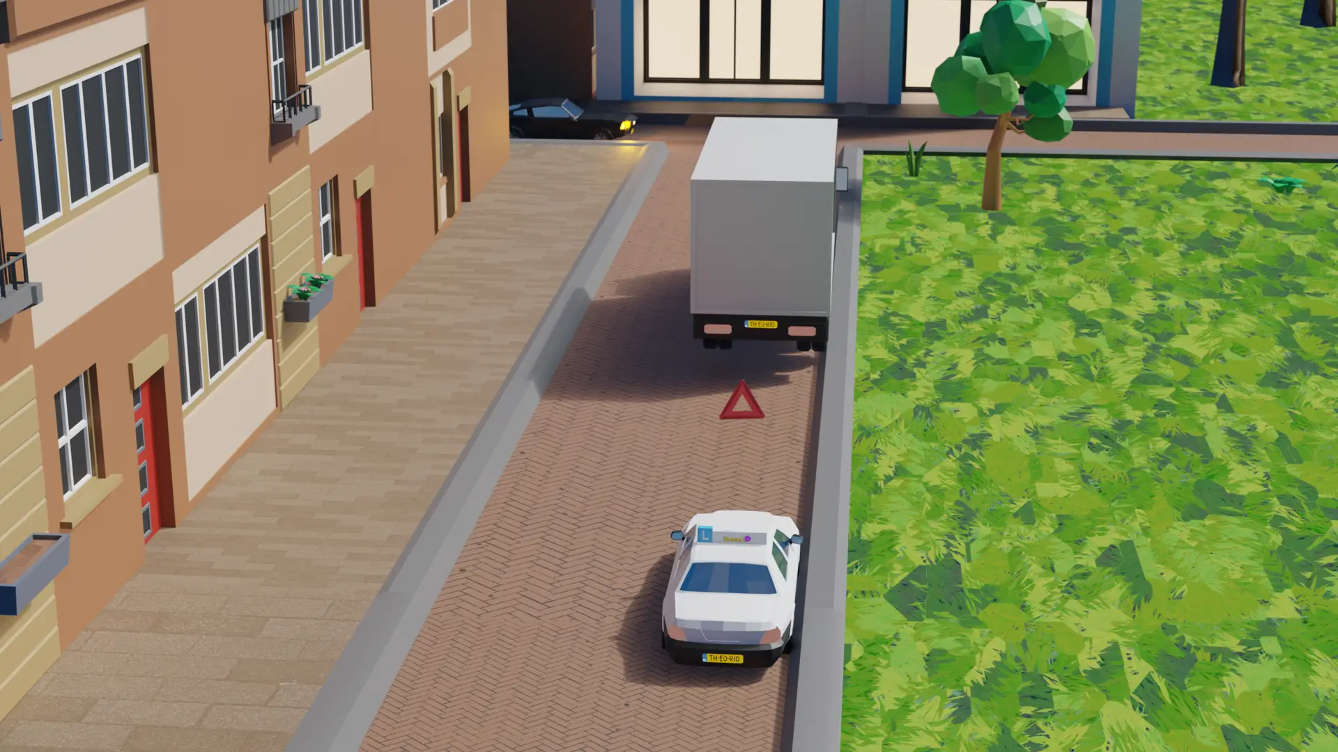 Stilstaande vrachtwagen met gevarendriehoek op een smalle straat, met een tegenligger die nadert