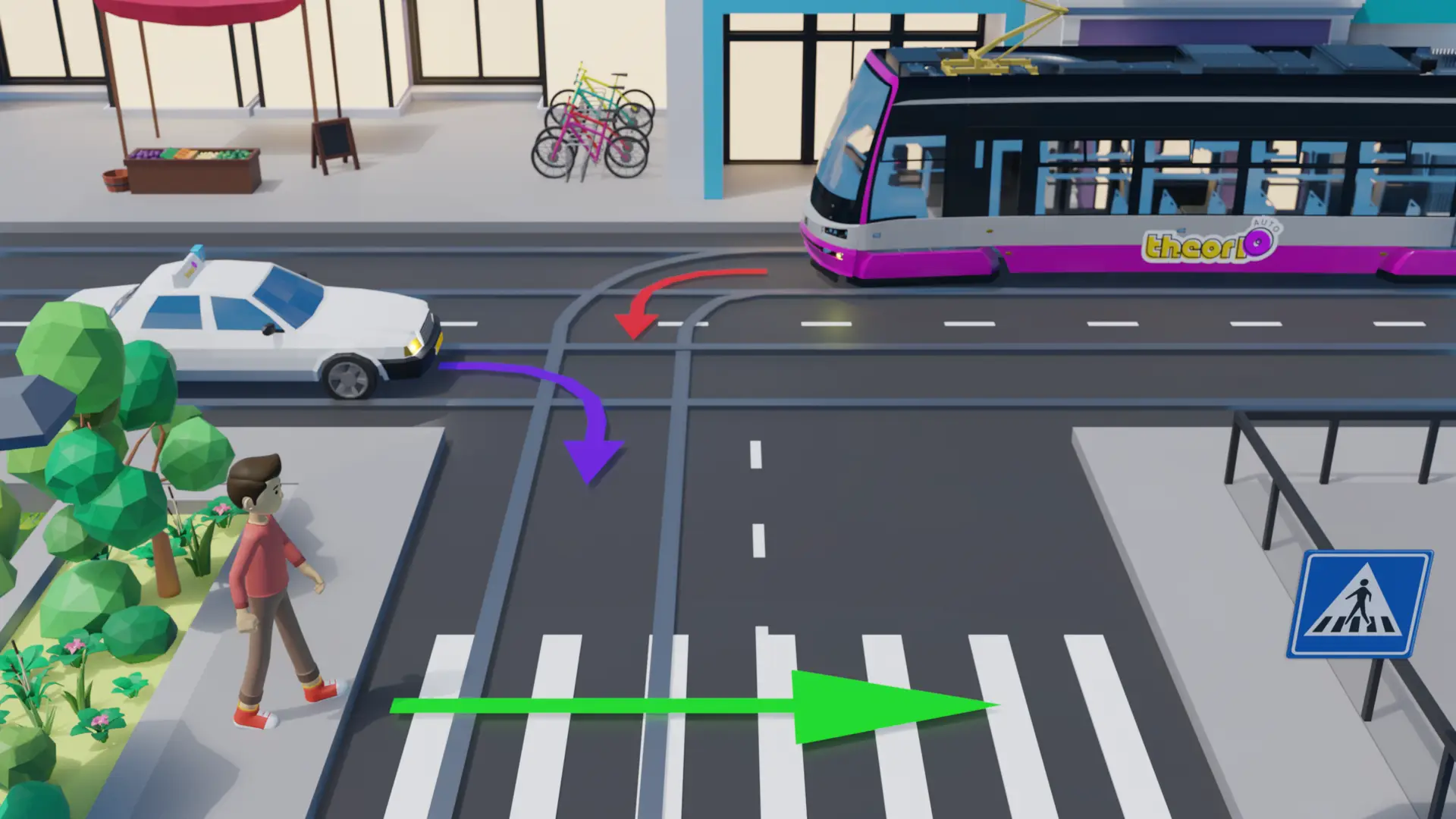 Gelijkwaardig kruispunt met tram. De tram heeft altijd voorrang op een gelijkwaardig kruispunt. De voetganger heeft ook voorrang vanwege het zebrapad.