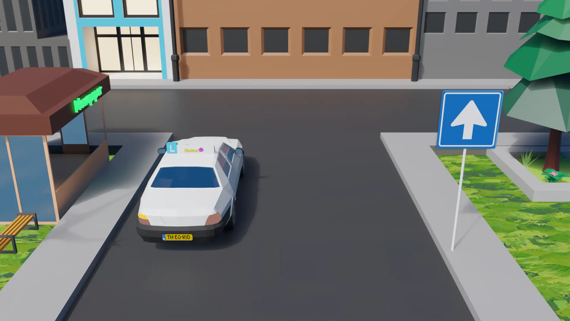 Weg zonder streep in het midden waarop een auto voor linksaf zo dicht mogelijk tegen het midden staat