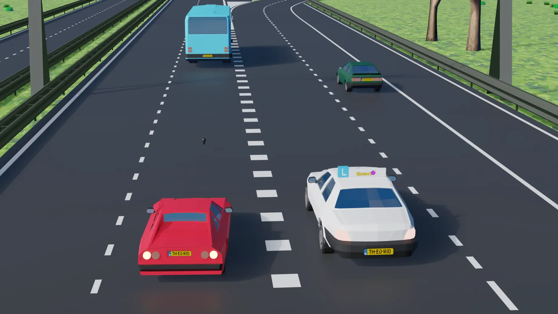 Auto die rechts van de blokmarkering rijdt en daarmee het verkeer links van de markering passeert