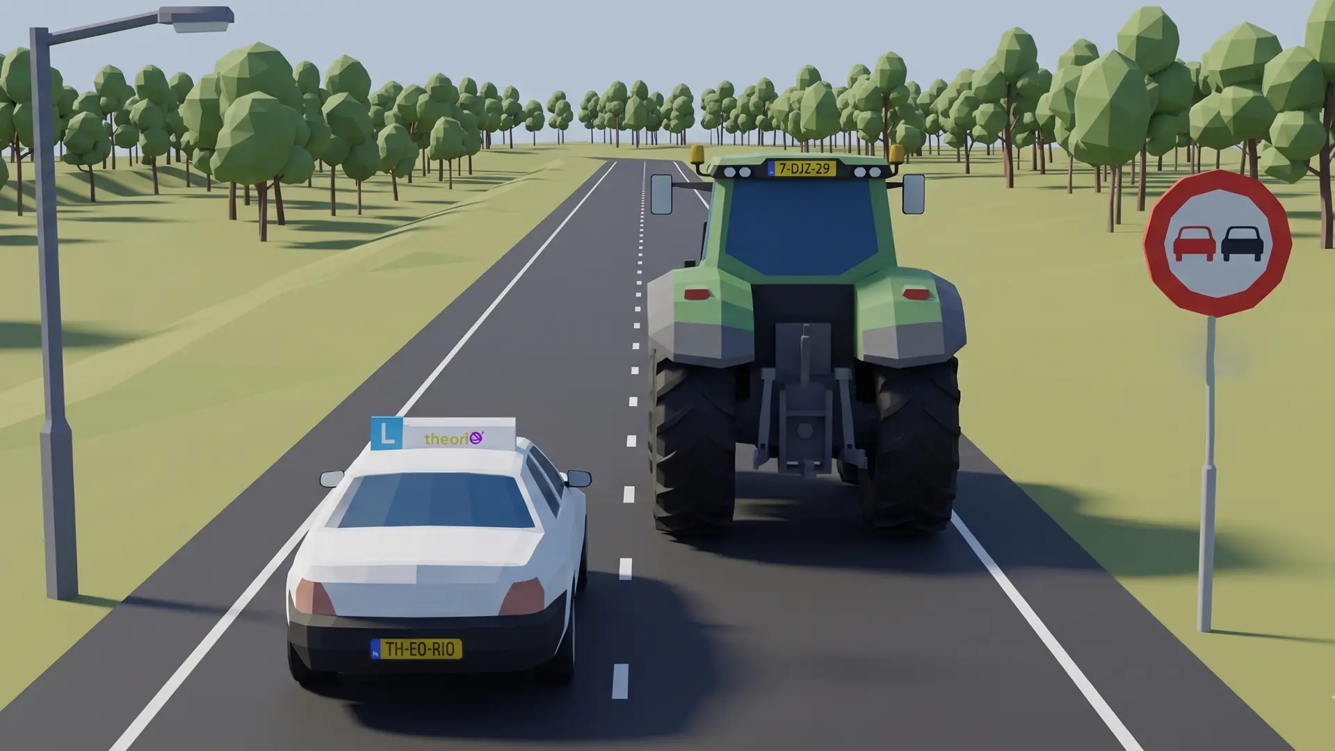 Tractor op een landweg met een inhaalverbodsbord en daaronder het onderbord inhalen tractors toegestaan